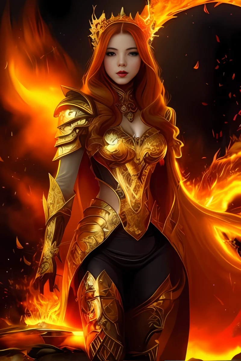 a woman in armor with a fire crown and a cape, the fire queen, with fiery golden wings of flame, fire mage, appears as the fire goddess, goddess of fire, she has fire powers, flame conjuring armored, fantasy paladin woman, the butterfly goddess of fire, fantasy art behance, fire goddess, inspired by Magali Villeneuve --auto