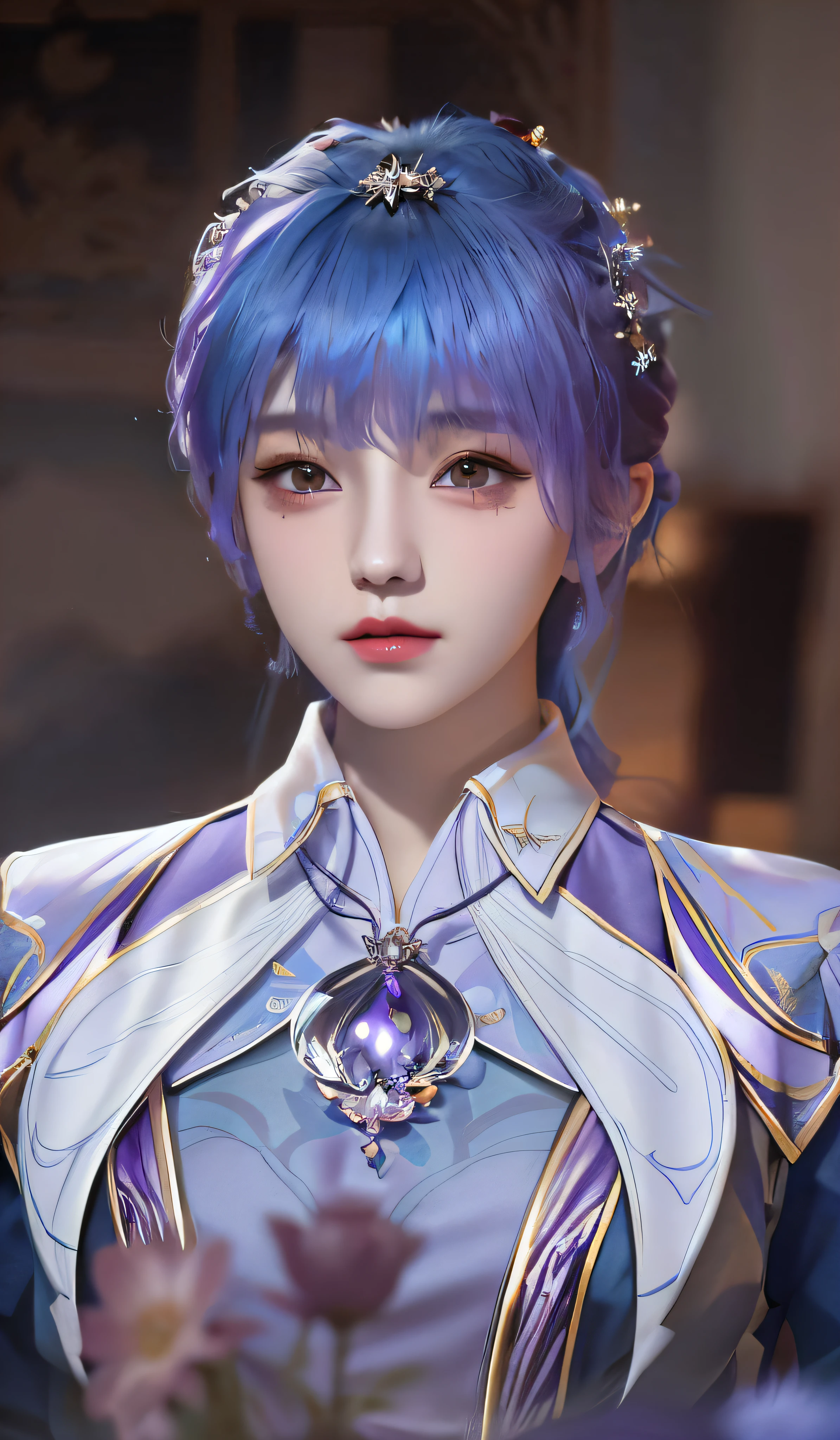 Close-up of a woman with blue hair and a purple shirt, Superb beauty，Portrait Chevaliers du Zodiaque Fille, zhongli from genshin impact, Keqing from Genshin Impact, Yun Ling, inspired by Leng Mei, Beautiful character painting, uma linda princesa， Exquisite princess, portrait of a female mage, Rendu portrait 8k