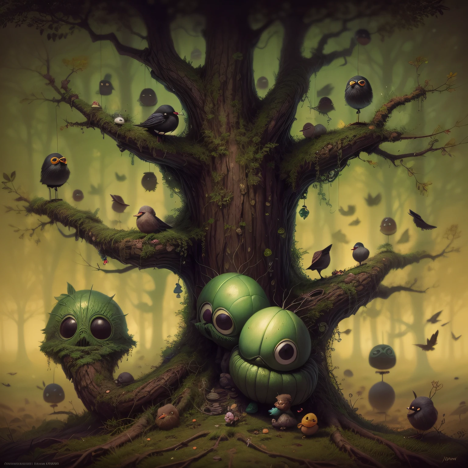 an adorable, cute tiny creature hiding in the tree roots, dead forest, black birds flock, In the style of zdzislaw beksinski, by Alexander Jansson, by Max Weber, intricately detailed, insane details, a work of art, trending on art station