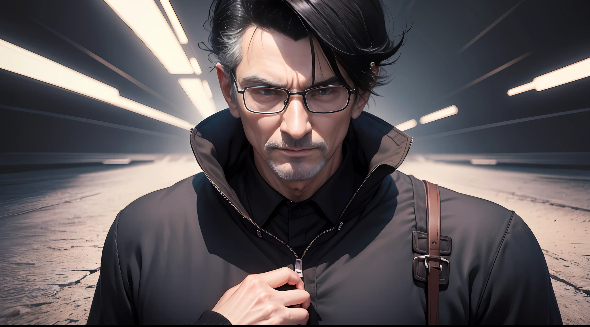 Black-haired grandpa，and his dark-haired son，3D surreal anime，16k --auto