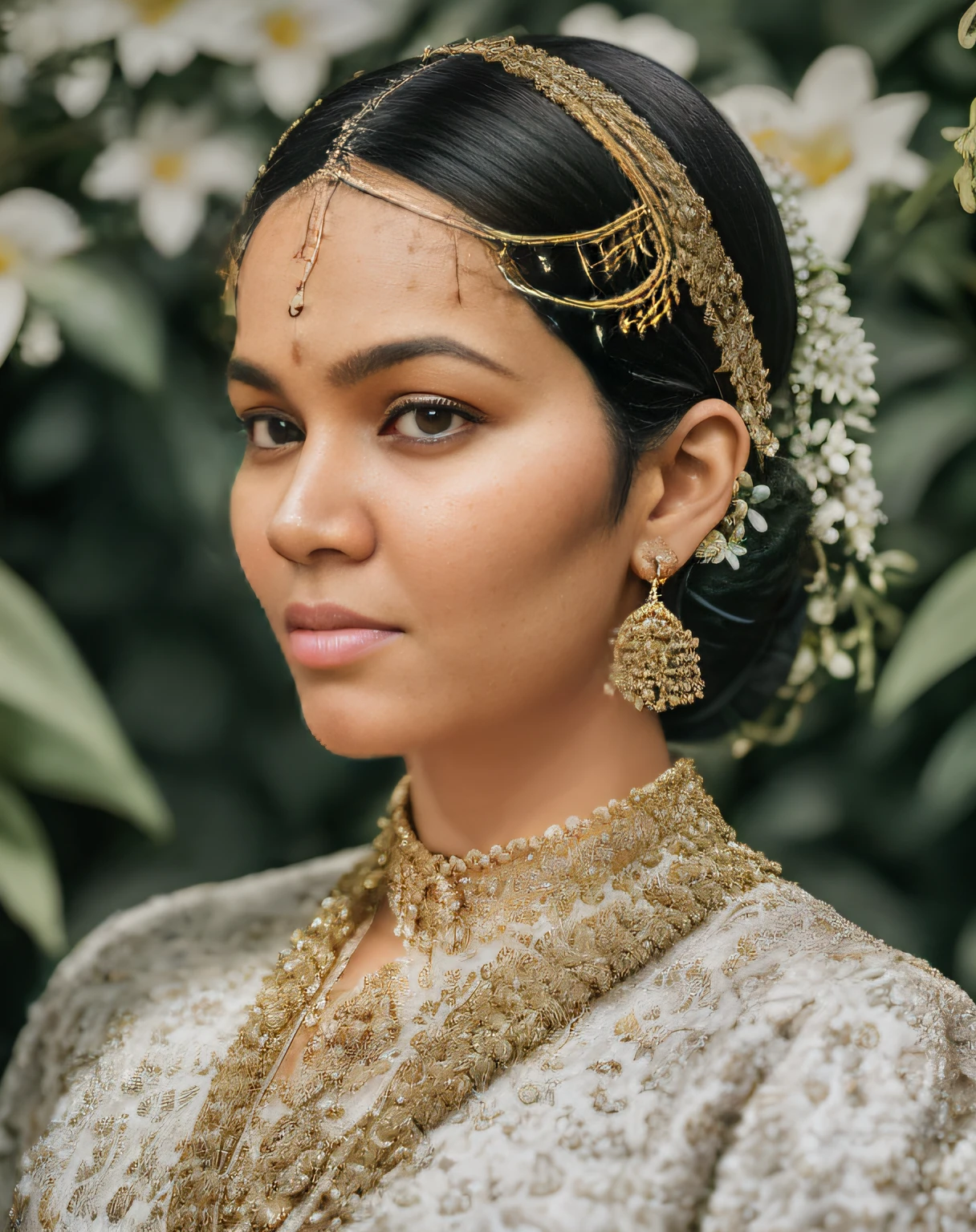 fashion photography portrait of indian girl with black hair, in lush jungle with flowers, 3d render, cgi, symetrical, octane render, 35mm, bokeh, 9:16, (intricate details:1.12), hdr, (intricate details, hyperdetailed:1.15), (natural skin texture, hyperrealism, soft light, sharp:1.2), detailed, sunlight passing through foliage, blue saree, 8k details, masterpiece, best quality, award winning photo, photorealistic, highly detailed, raw photo, realistic natural skin textures, rim light, hyperrealistic, low contrast, sharp focus, soothing tones, intricate, low key, masterpiece, best quality, award winning photo, photorealistic, highly detailed, raw photo, realistic natural skin textures, rim light, hyperrealistic, low contrast, sharp focus, soothing tones, 8k details, intricate, low key