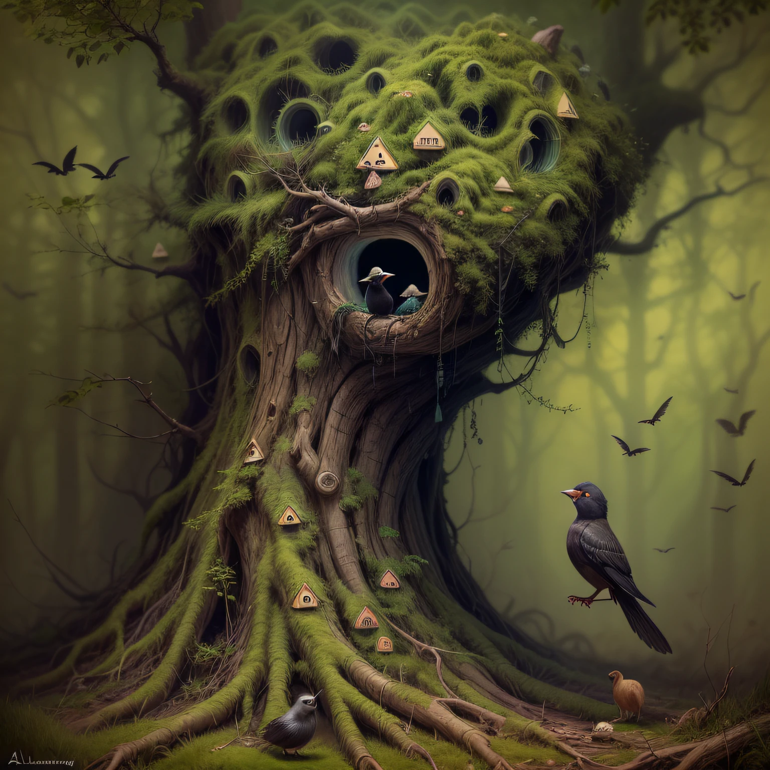 an adorable, cute tiny creature hiding in the tree roots, dead forest, black birds flock, In the style of zdzislaw beksinski, by Alexander Jansson, by Max Weber, intricately detailed, insane details, a work of art, trending on art station