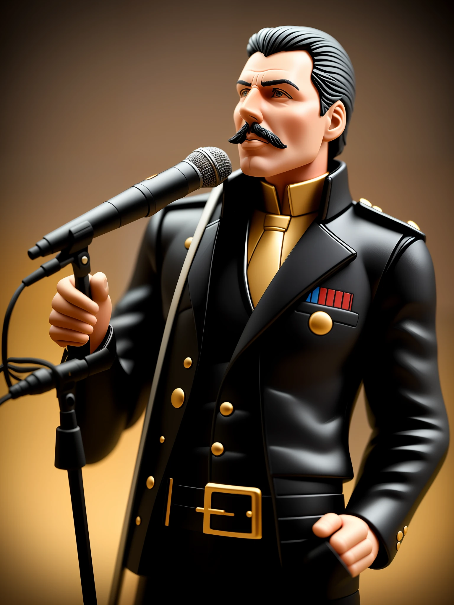 Freddie Mercury Action Figure with a microphone, Action Figure Box Design, Taken with Professional Camera, Hyper Realistic Photography, Depth of Field, 8K
