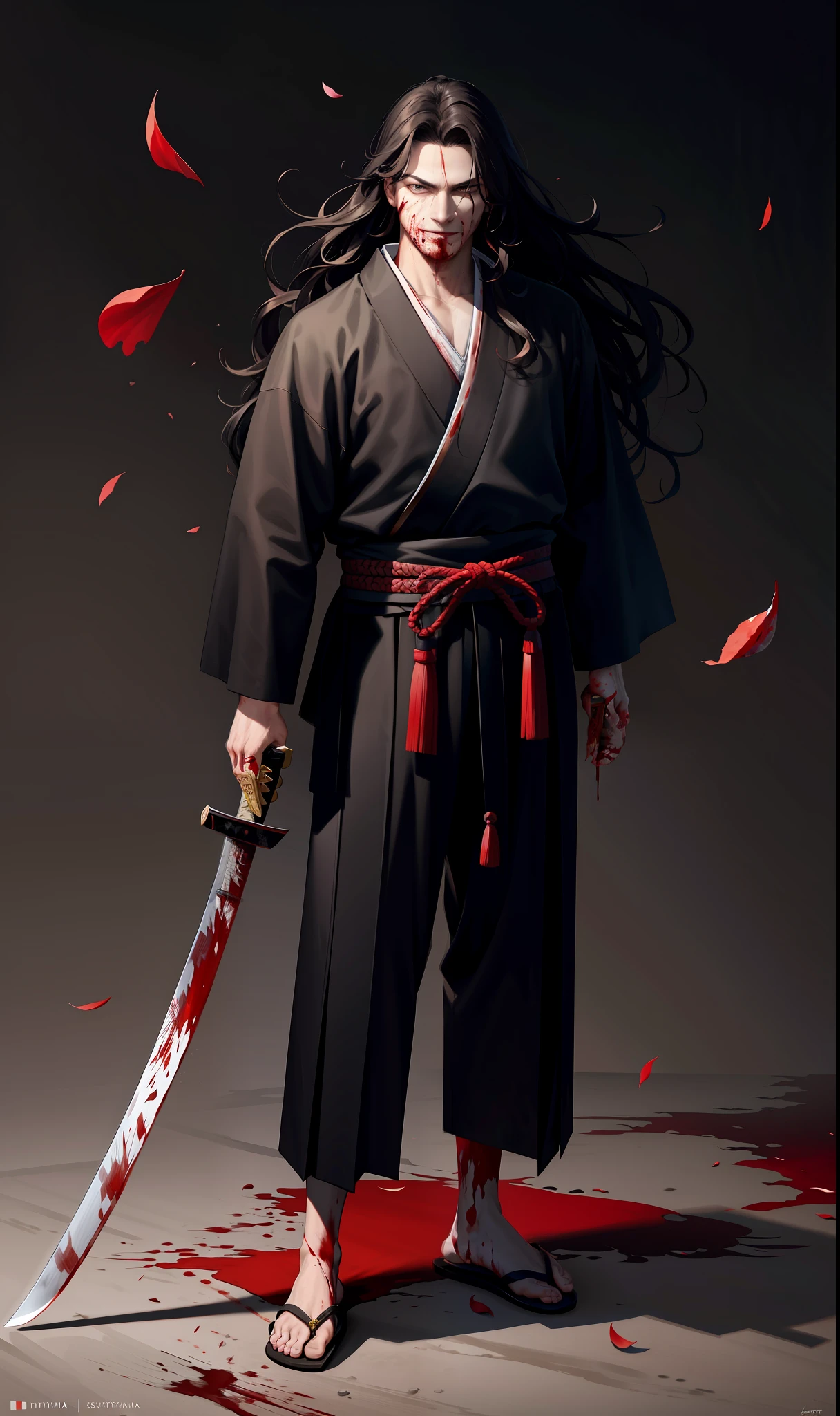 masterpiece, high quality, best quality, beautiful, hd, realistic, perfect lighting, detailed face, detailed body, (1 man), black long hair, wavy hair, (red samurai clothes), samurai, standing, wind, (sakura),sakura petals, (brutal), courageous, full body, ((blood)), highly detailed katana in hand, smirk, looking at the camera, dark background