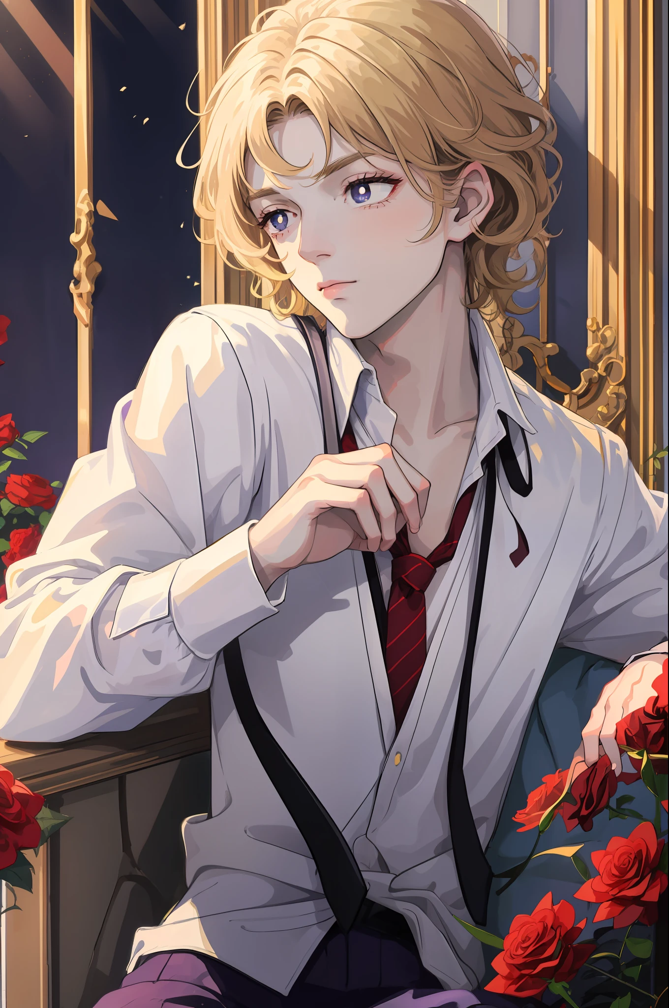 tmasterpiece,Need,super-fine,The boy has medium length curly blonde hair, Purple pupils, European and American style, White shirt, Tie-up purple ribbon at the neckline, Holding flowers and red roses, Warm light on both sides