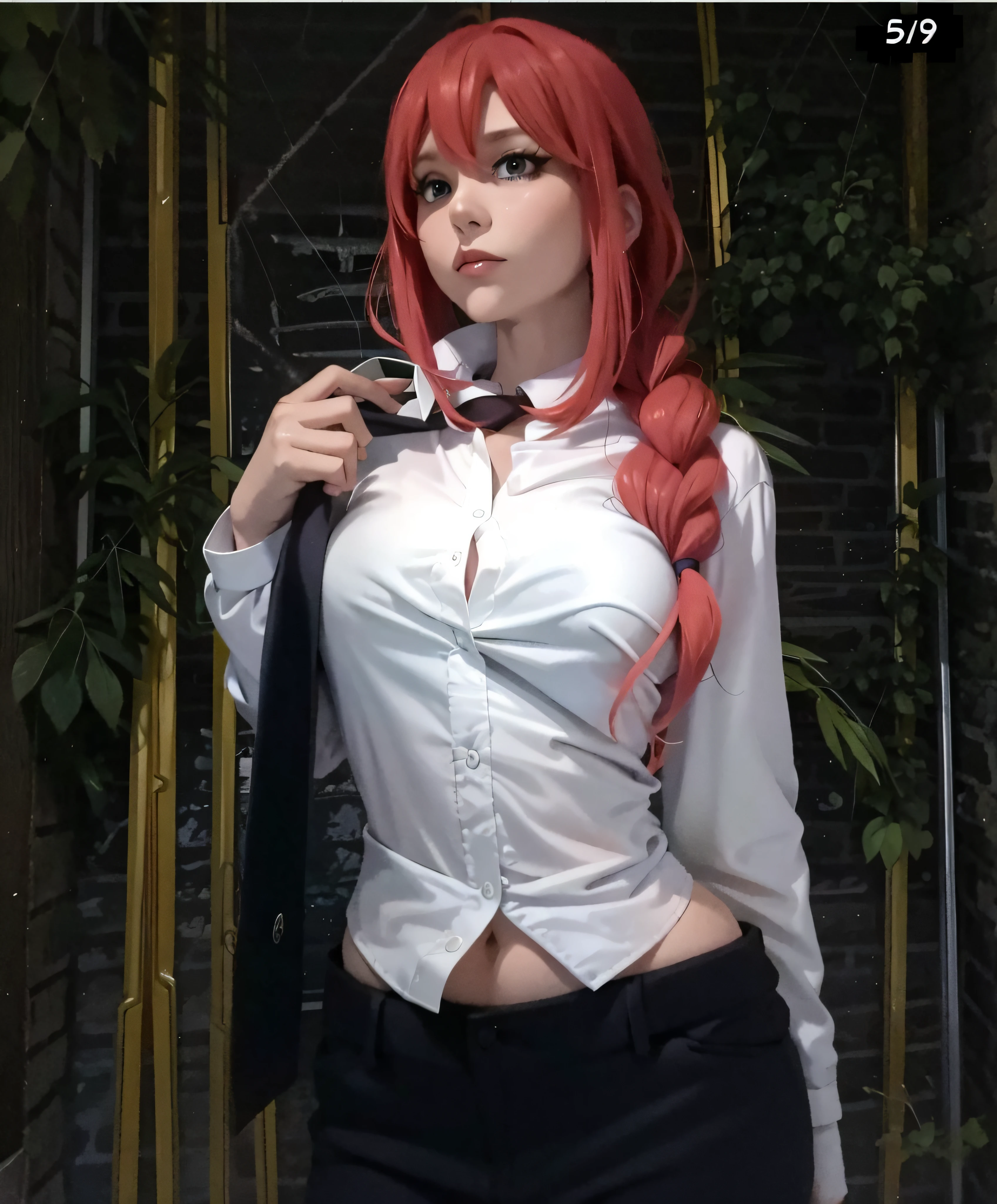 there is a woman with red hair and a tie posing for a picture, cosplayer, anime girl cosplay, cosplay, erza scarlet as a real person, anime cosplay, ayaka cosplay, professional cosplay, cosplay photo, anya from spy x family, akane owari danganronpa, full-cosplay, rias gremory, asuka suit under clothes!, Very big breast, tight shirt, small shirt, wet shert, sexy gigantic breast, biggest breast, very big boobs, gigantic boobs, invisible shirt, short shirt