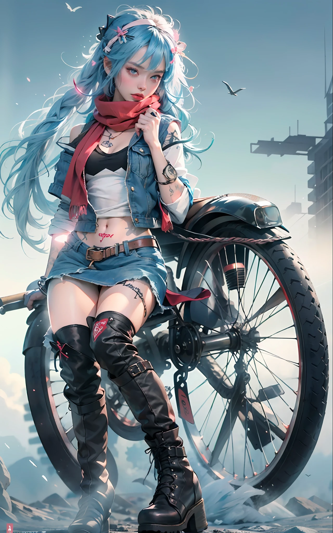 (masterpiece, best quality), 1girl, long hair, blue hair, white T-shirt, black vest, pink skirt, red scarf, tattoos, choker, pink riding boots, stockings, night