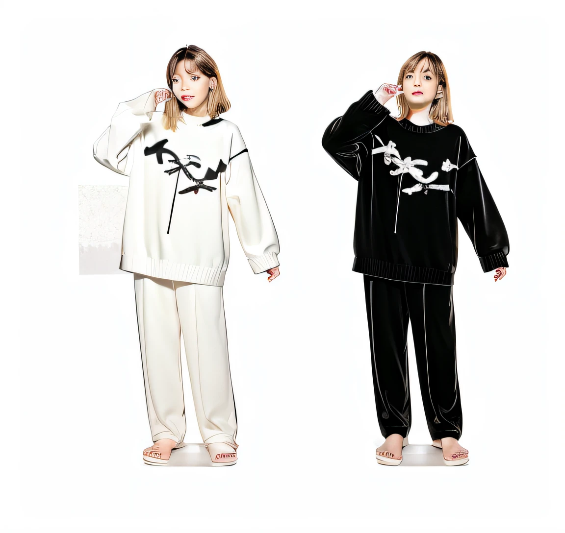Two women in pajamas and a sweater,There is a fish on it, ( ivory black ), Japanese clothes, White and black clothing, clothing design, designed for cozy aesthetics!, Full body illustration, anime full body illustration, anime set style, Simple clothes, Style anime, Simple cartoon style, dressed with long fluent clothes, Black and white clothes, pyjamas, Full clothing