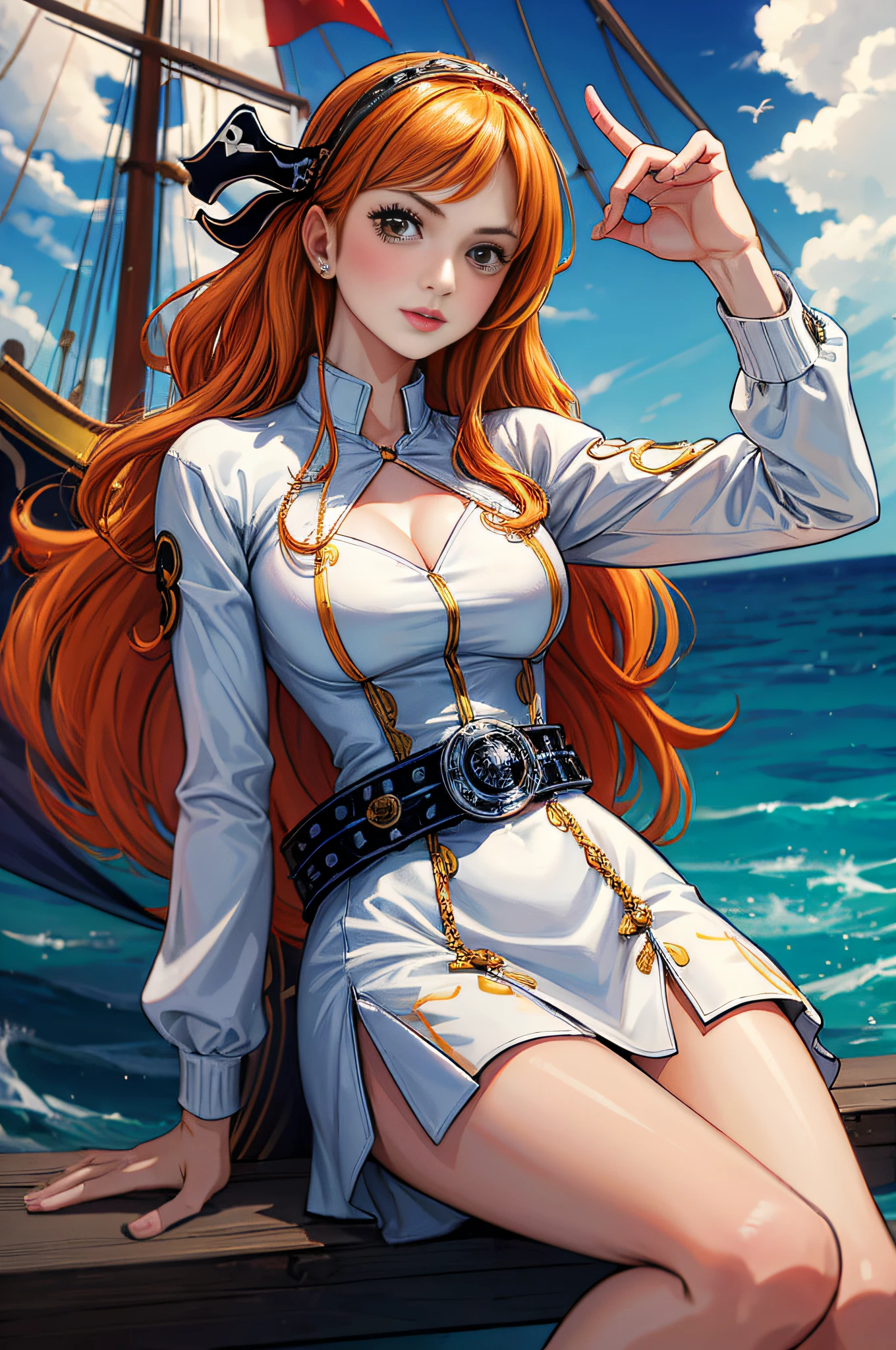 (((masterpiece+best quality+high resolution+ultra-detailed))), 1girl with clima-tact, Nami, long silky orange hair, high nose, sharp eyes, noble and inviolable temperament, (([female]: 1.2 + [beauty]: 1.2 + orange long hair: 1.2)), pirate ship background, blue sky, clouds, bracelets, white long sleeve mini dress and donned another belt, bright eyes, dynamic angle and posture.