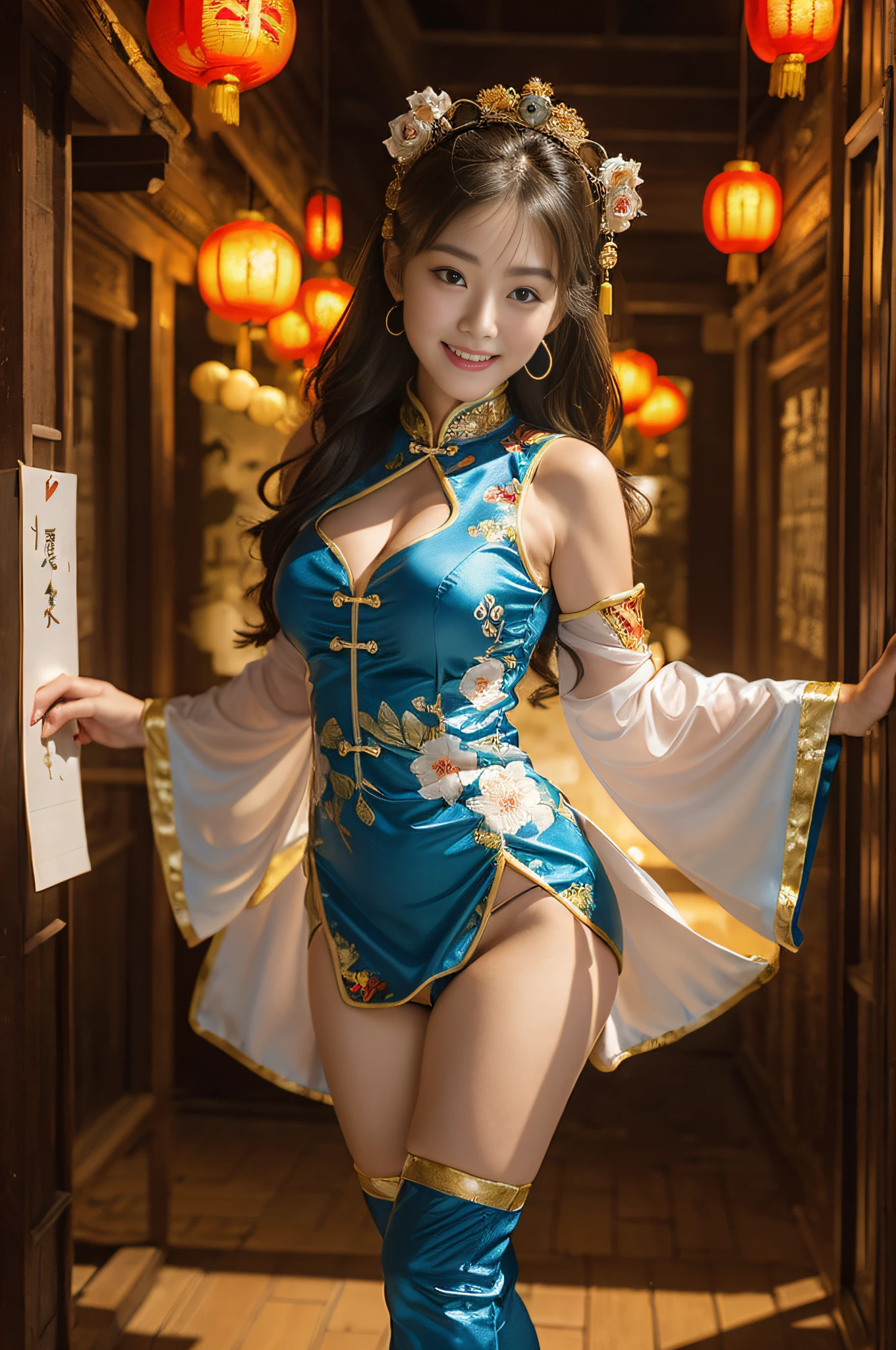 (((long Traditional Chinese costumes outfit comes off))),(((view full body))),(((glamorous body shape))),(((bare inner thigh)))、(((show side breast))),(((detached sleeves))),(((over-kneehighs))),ulzzang-6500-v1.1, (Raw photo:1.2), (Photorealsitic:1.4), a beautiful detailed girl, extremely detailed eye and face, beautiful detailed eyes, ultra-detailed, High resolution, top-quality, ​masterpiece, ighly detailed, 8k wallpaper, magnifica, finely detail, top-quality, Light on the face,电影灯光,1girl in,(Forbidden City during the Ming Dynasty),Beautiful eyes,a smile,Opening Mouth