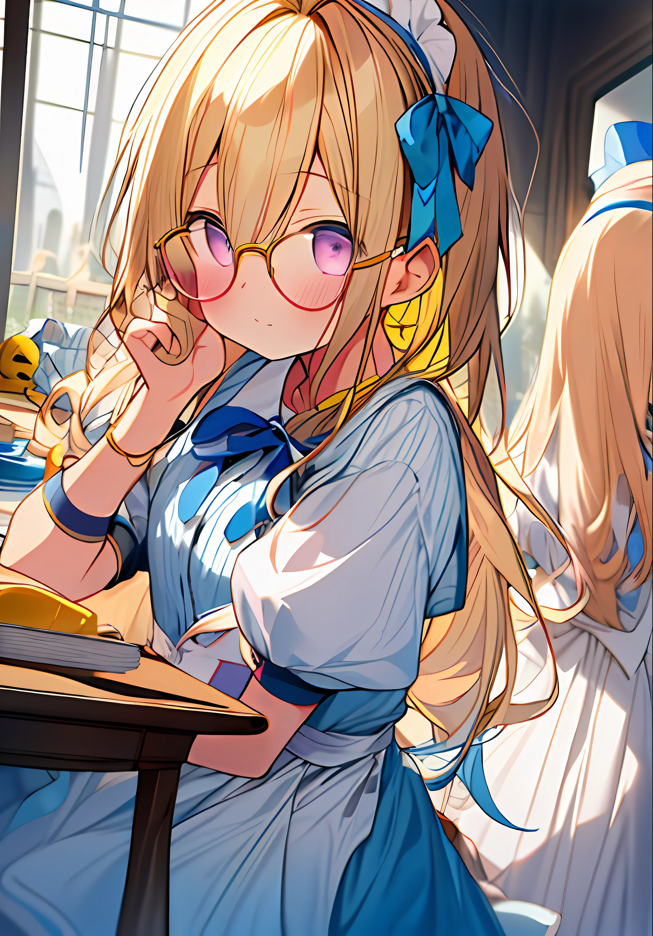 One girl、Yellow hair、alice in the wonderland、Blue ribbon on head、masterpiece、top-quality、Top image quality、beautiful hairl、beautidful eyes、Pink eyes、cute little、Wavy Hair、Alice in Wonderland Costume、Small glasses、worried face、long、Background inside the castle、shortsleeves