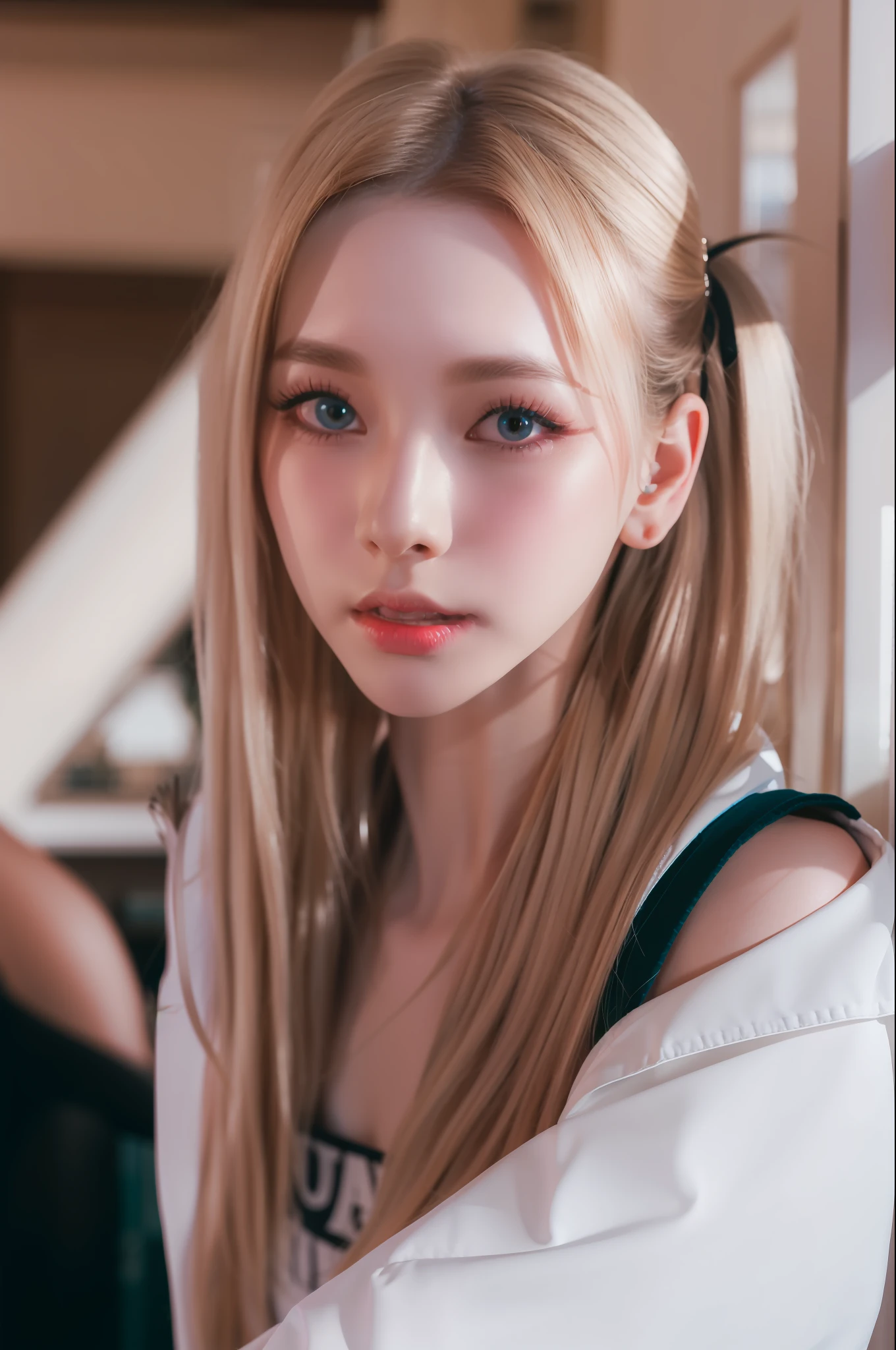 (8k, 4k, best quality, highres, ultra high res:1.1), (masterpiece, realistic, photo-realistic:1.1), 1girl, face, close-up, twintails, blonde hair, black eyes, red lips, (looking at viewer:2), absurdly long hair, long eyelashes, eyeshadow, small face, big eyes,
bare shoulders,
high contrast,