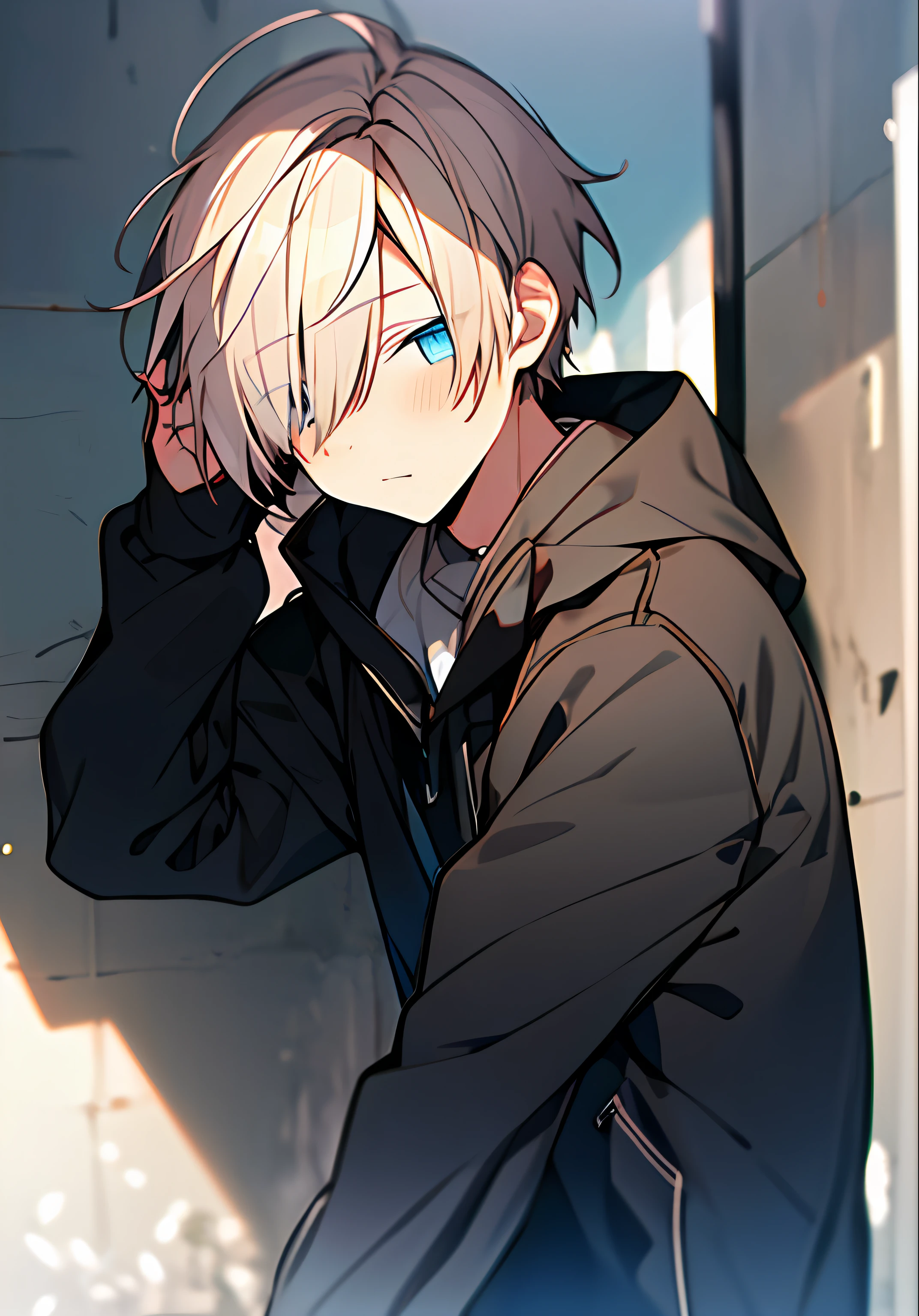 1 Boy、mash hair、parka、masterpiece、top-quality、Leaning on the wall、