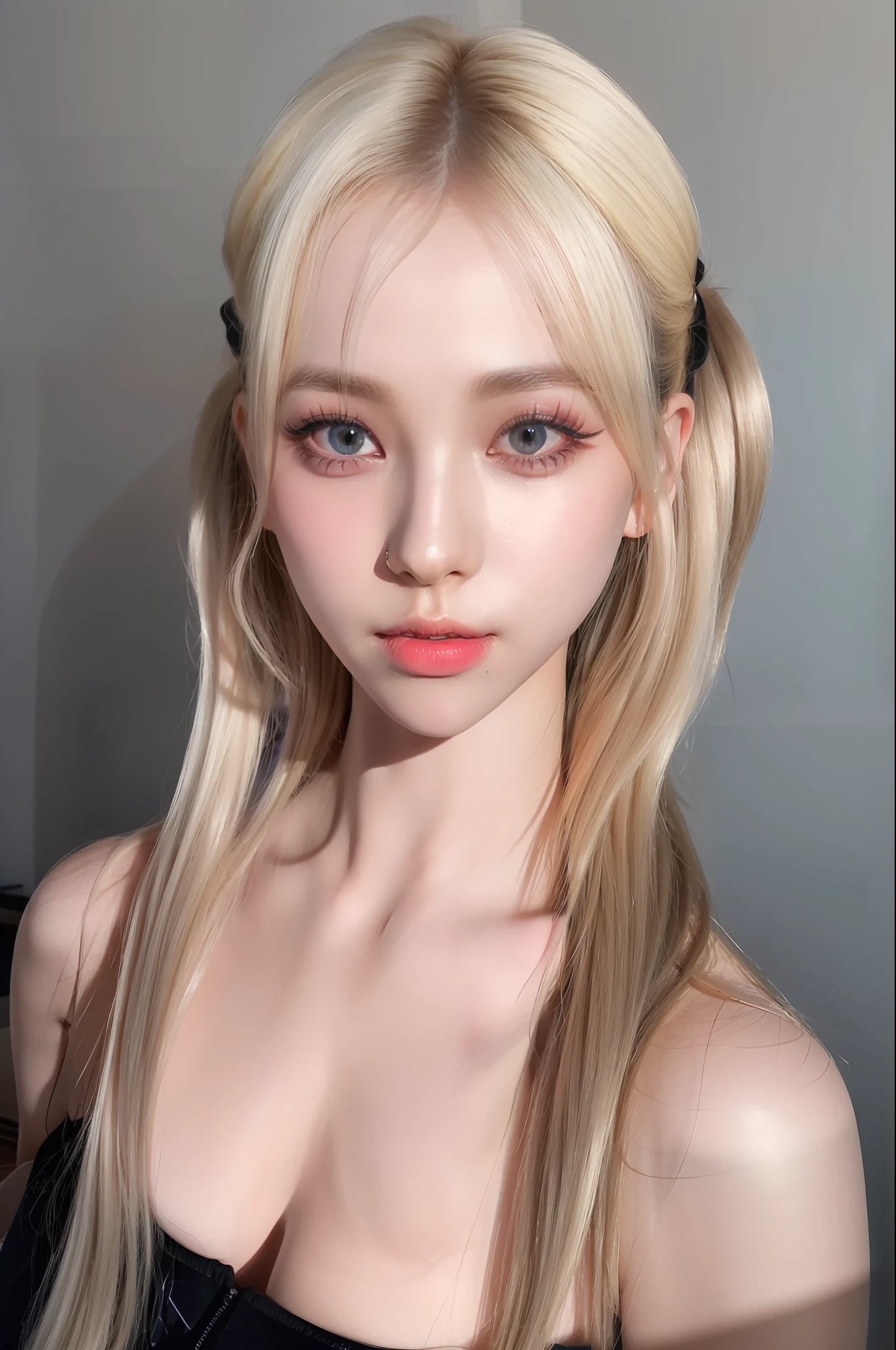 (8k, 4k, best quality, highres, ultra high res:1.1), (masterpiece, realistic, photo-realistic:1.1), 1girl, face, close-up, twintails, blonde hair, black eyes, red lips, (looking at viewer:2), absurdly long hair, long eyelashes, eyeshadow, small face, big eyes,
bare shoulders,
high contrast,