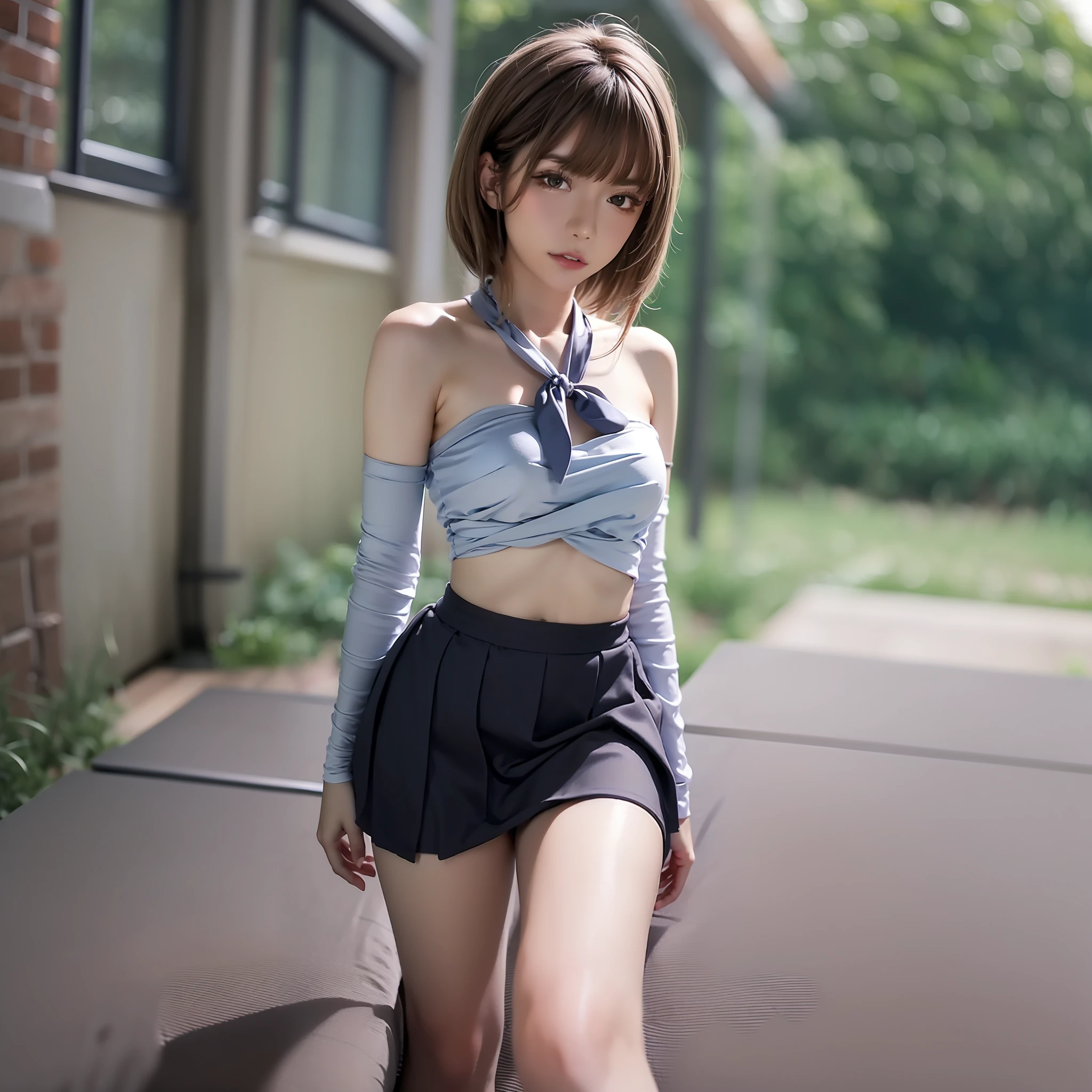 Small sling,pleatedskirt,over knee socks,16 yaers old,realisticlying,brunette color hair,little breast,Thin leg,8K,Thin