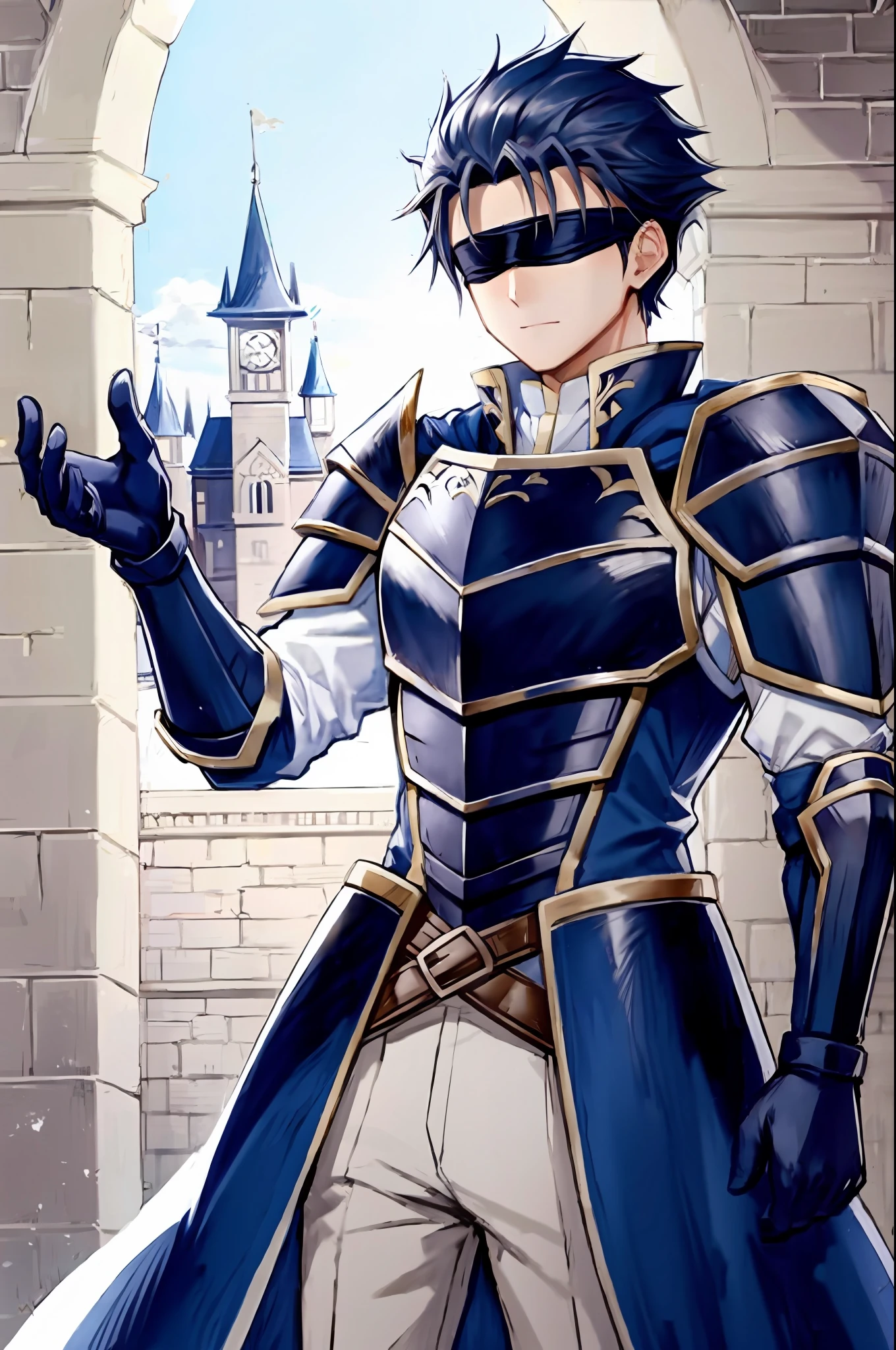 Hector Fey， 独奏， looking at viewert， Cladding，Blindfolds（Blindfolded）， mitts， 1boys， Male focus， cloaks， Armour， Shoulder armor， Castle view
