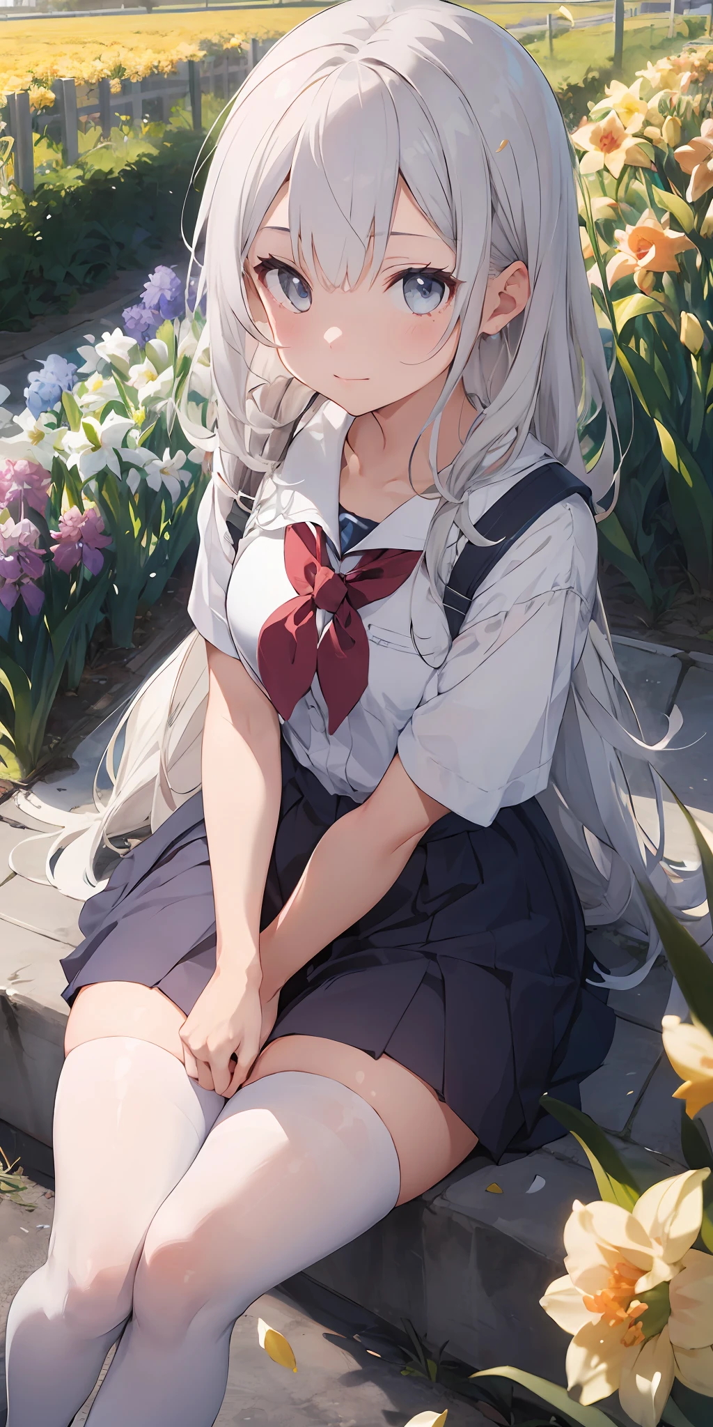 1girl, beautiful detailed eyes, long white hair, light grey eyes, school uniform, high white stocking, lustrous skin, flower, daffodil, hyacinth, falling petals, , high contrast, ((masterpiece, best quality))