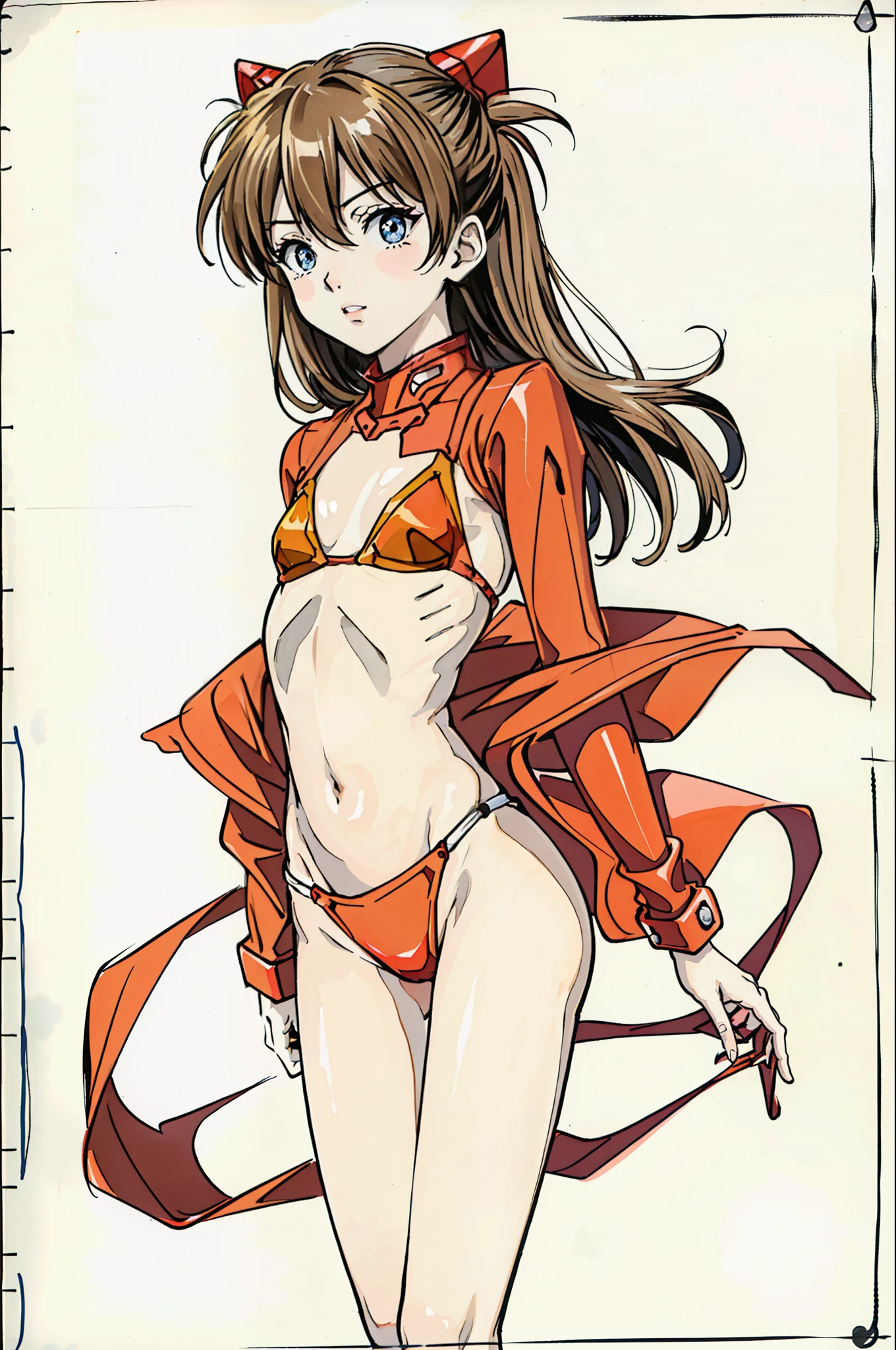 foto retrato de ((Asuka Langley, 24 years old)), ((Asuka Langley en cuerpo entero)), (((beautiful asuka langley anorexic))), ((muy flaca en bikini)), (((huesos y costillas visibles))), ((small flat breasts)), ((very small waist)), piernas delgadas, ((rostro hermoso)), ((vista de perfil cuerpo entero)), (((concave abdomen))), ((Asuka Langley muy muy flaca)), ((fondo blanco)). ((cabello al viento)).