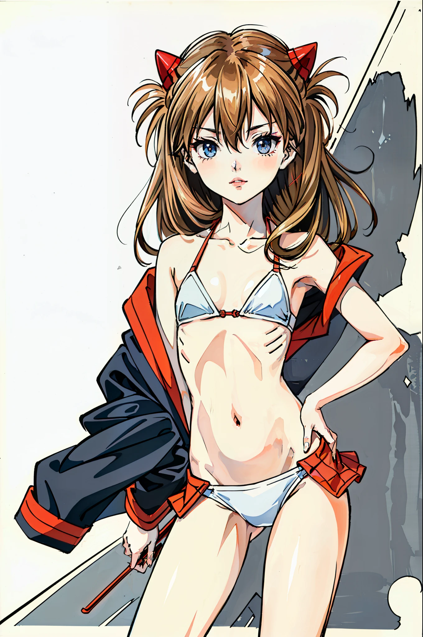 foto retrato de ((Asuka Langley, 24 years old)), ((Asuka Langley en cuerpo entero)), (((beautiful asuka langley anorexic))), ((muy flaca en bikini)), (((huesos y costillas visibles))), ((small flat breasts)), ((very small waist)), piernas delgadas, ((rostro hermoso)), ((vista de perfil cuerpo entero)), (((concave abdomen))), ((Asuka Langley muy muy flaca)), ((fondo blanco)). ((cabello al viento)).