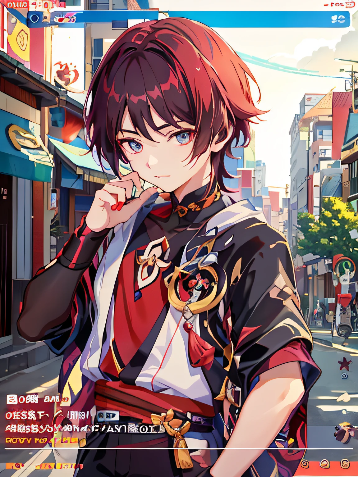 Close-up of a person standing on the street，The background is a city, Keqing from Genshin Impact, zhongli from genshin impact, Genshin impact's character, Ayaka Genshin impact, Genshin, ayaka game genshin impact, Kawasi, Genshin Impact style, anime moe art style, young anime man, Anime boy