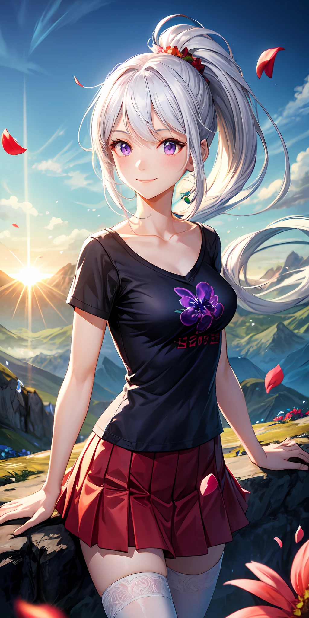 1girl, ponytail,white hair, purple eyes, t-shirt, skirt, thighhighs, flower, petals, light smile,medium breasts, collarbone, depth of field, petals, (illustration:1.1), landscape, background, abstract, mountainous horizon, cloud, sun,