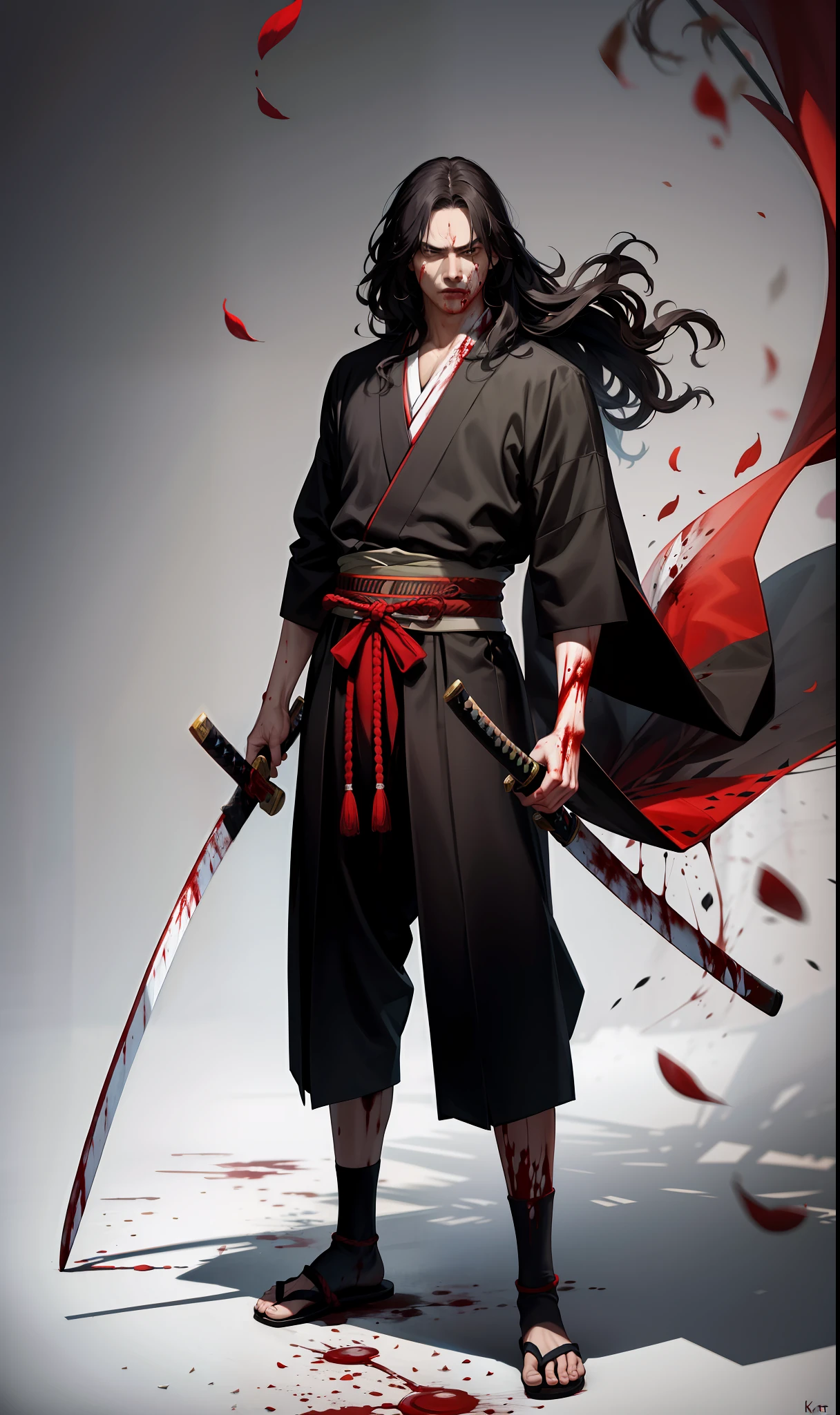 masterpiece, high quality, best quality, beautiful, hd, realistic, perfect lighting, detailed face, detailed body, (1 man), black long hair, wavy hair, (red samurai clothes), samurai, standing, wind, (sakura),sakura petals, (brutal), courageous, full body, ((blood)), highly detailed katana in hand, serious face, dark background