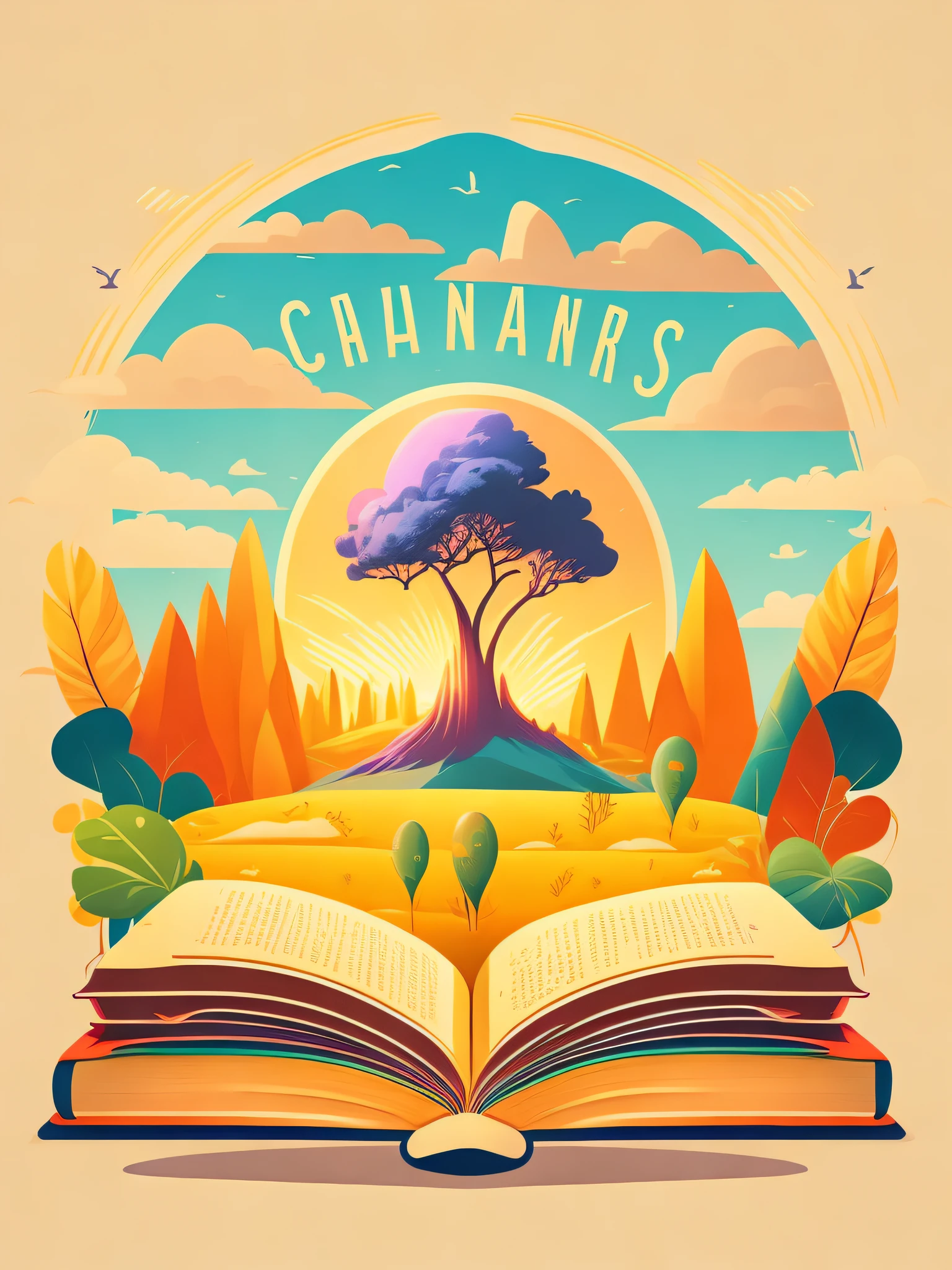 a spruice Giant book in a summer landscape, LOGO:BOOKS CHANNEL, tshirt design, rzminjourney, vector-art