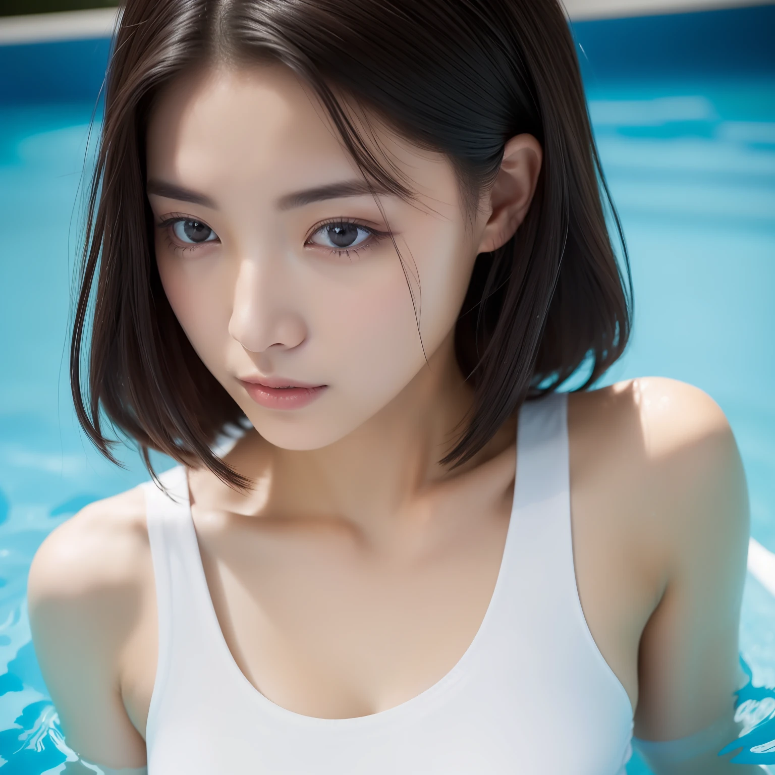 ((morning、top-quality、8k、masterpiece:1.3))、full bodyesbian、long legged、foco nítido:1.2、Beautiful woman with perfect body shape:1.4、Slender Abs:1.1、((A dark-haired、bob、huge-breasted:1.2))、(White tank top、is standing:1.2)、Open ??????、((swimming pools))、Highly detailed facial and skin texture、A detailed eye、二重まぶた、breasts looking、Breasts are big