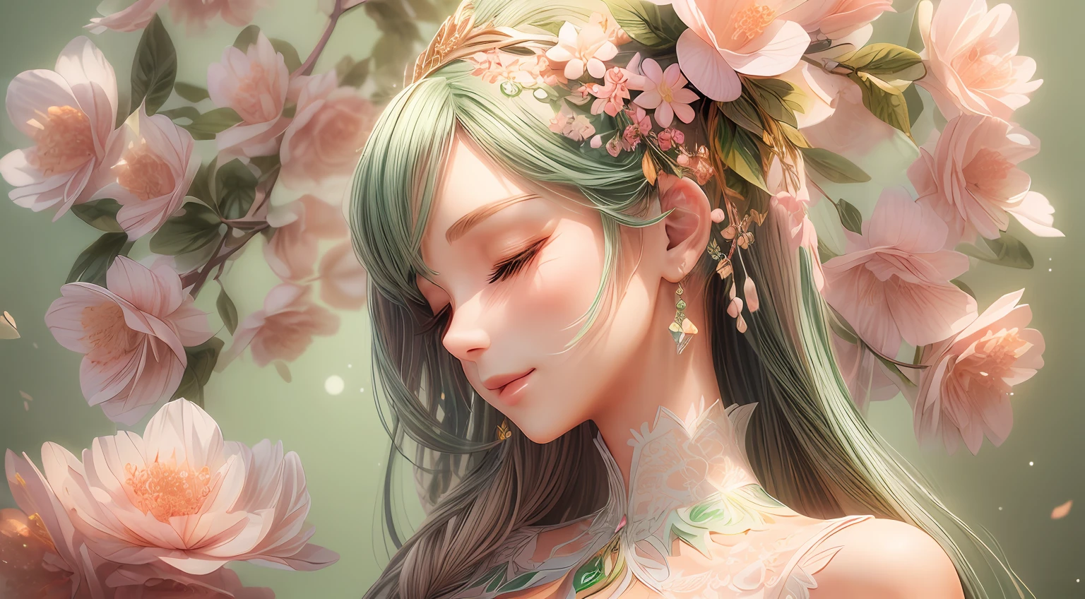(illustration:1.3),paper art, 3D rendering,Green background,(Beauty side face,close eyes:1.3),(peach blossoms:1.2), Colorful, Best quality, Detailed details, Masterpiece, offcial art, Cinematic lighting effects, 4K,chiaroscuro, sparkle
