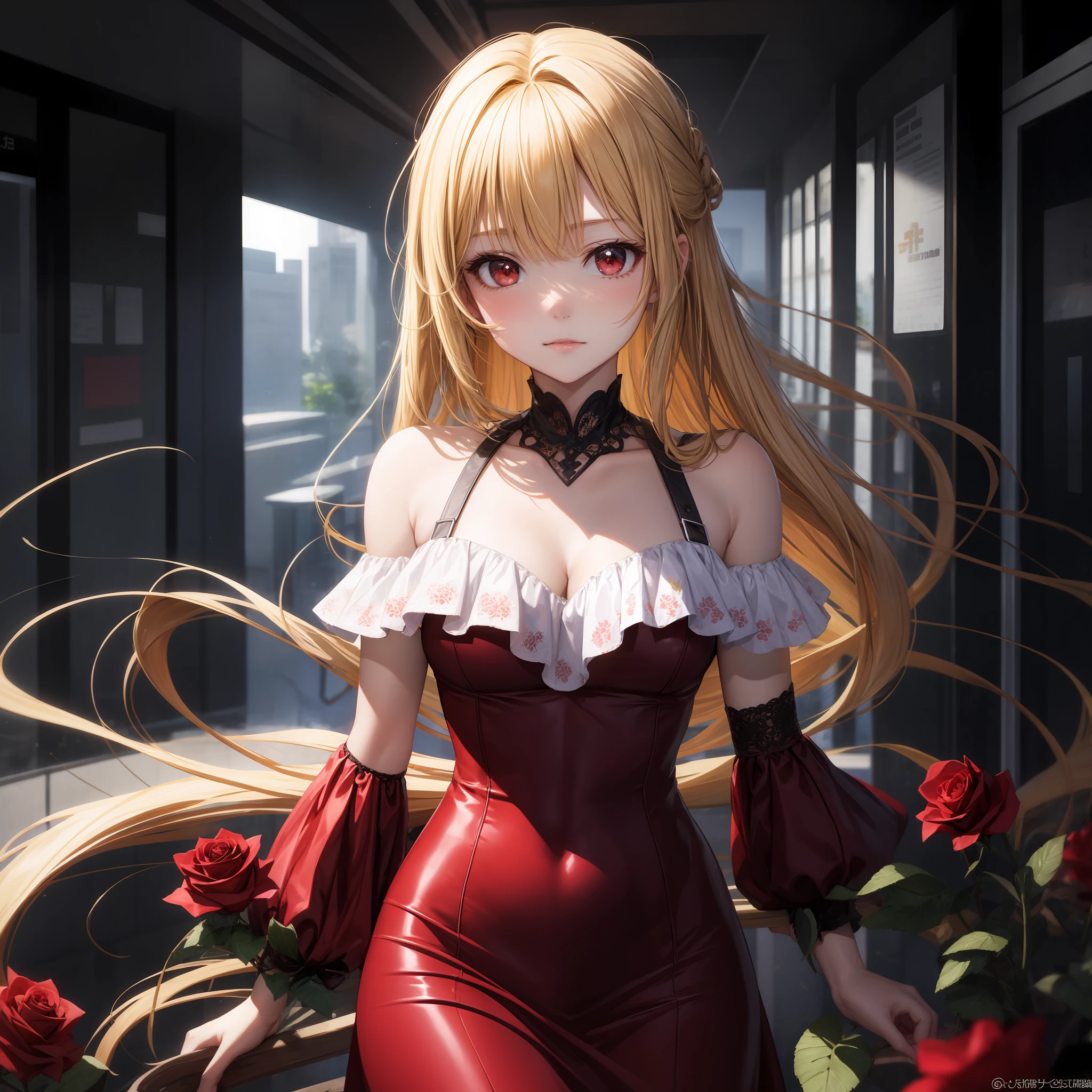 animesque、One blonde girl with red eyes、Bright red dress、off shoulders、Rose field