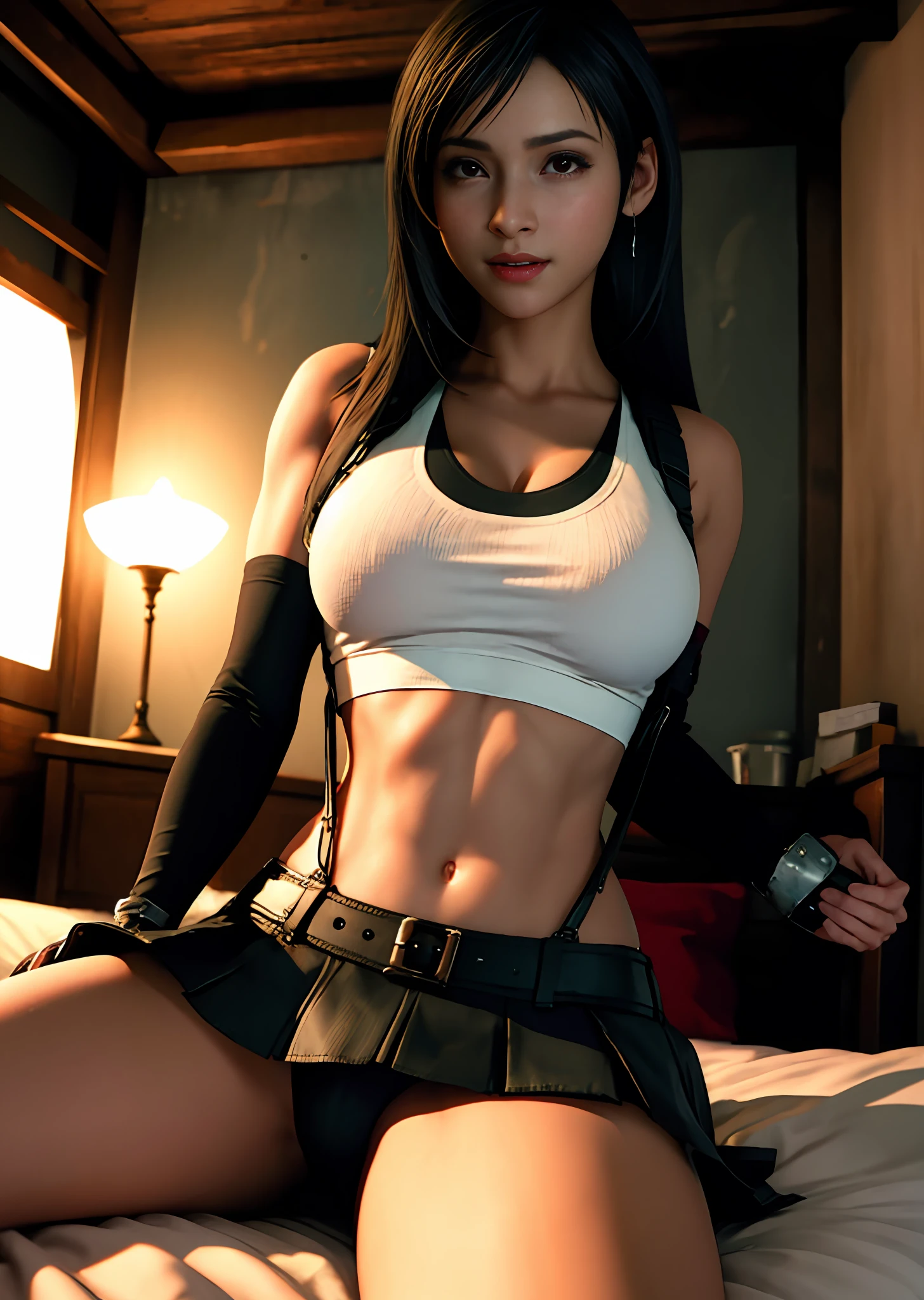 (Photorealistic: 1.4), Top Quality, very delicate and beautiful, High Resolution, 1girl, tifa_lockhart, Smile, Cowboy shot, Suspenders, Low Rise, on a bed, Spreading your legs, You can see the underwear, lying on the bed, hand between legs, mini skirt, t shirt, Tense shirt, black hair, Long hair, elbow gloves, Beautiful detailed red eyes, Face light, movie lighting, bellybutton, High exposure, Effects on the abdominal cavity, ribs, Abs, ( giant breast: 1.2), Dynamic poses, Dynamic Angles,