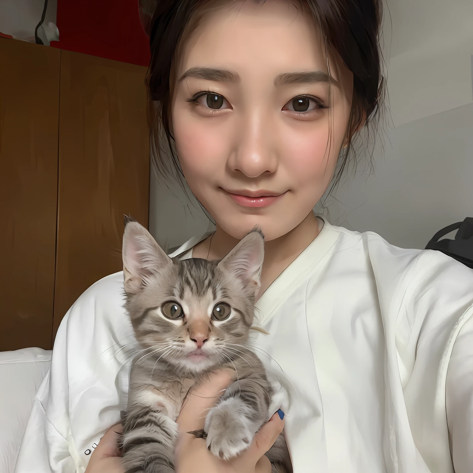 There was a woman holding a kitten in her arms, very beautiful cute catgirl, she is holding a cat in her arms, Holding a cat, with small cat on lap, wenfei ye, beautiful young catgirl, there is a cat next to her, xision wu, 21 years old, 2 , xintong chen, 2 7 years old