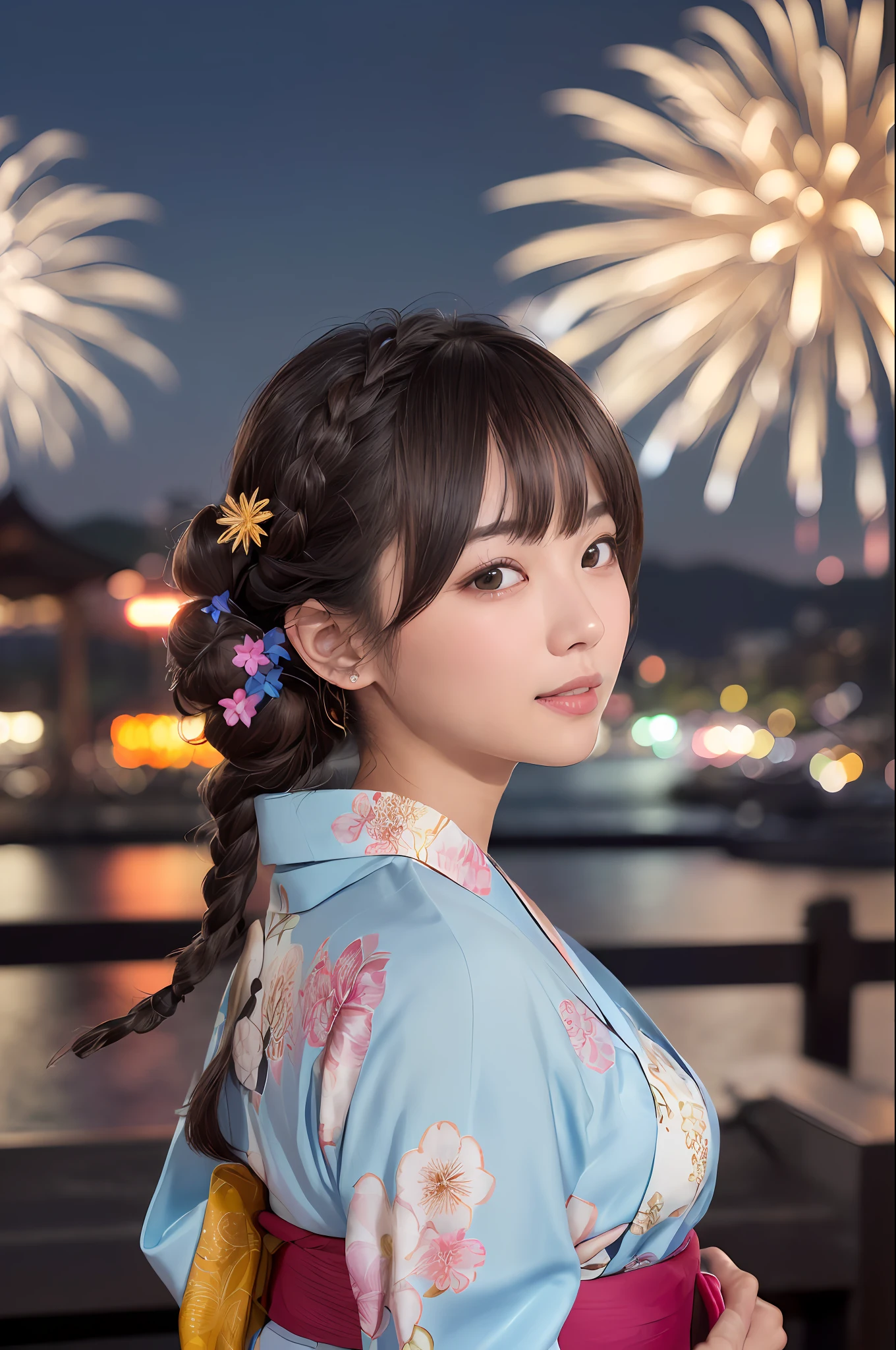 top-quality、facefocus、softlight、(depth of fields)、超A high resolution、(Photorealsitic:1.4)、Raw photography、(portlate:1.4)、(Photo from the angle 1.1)、1 Japan Girl、(Floral multicolor yukata)、A slight smil、brown haired、((Curly hair tied in semi-long))、((braids only on the head)、((Show the nape 1.3))、Large flower hair ornament、Colossal tits、Bangs 1.5、hairs between eyes、(red blush:0.5)、Upper body photo、Look at viewers、(Film composition:1.2),((mid night、sea side、Lots of fireworks in the night sky)).Fireworks Festival、