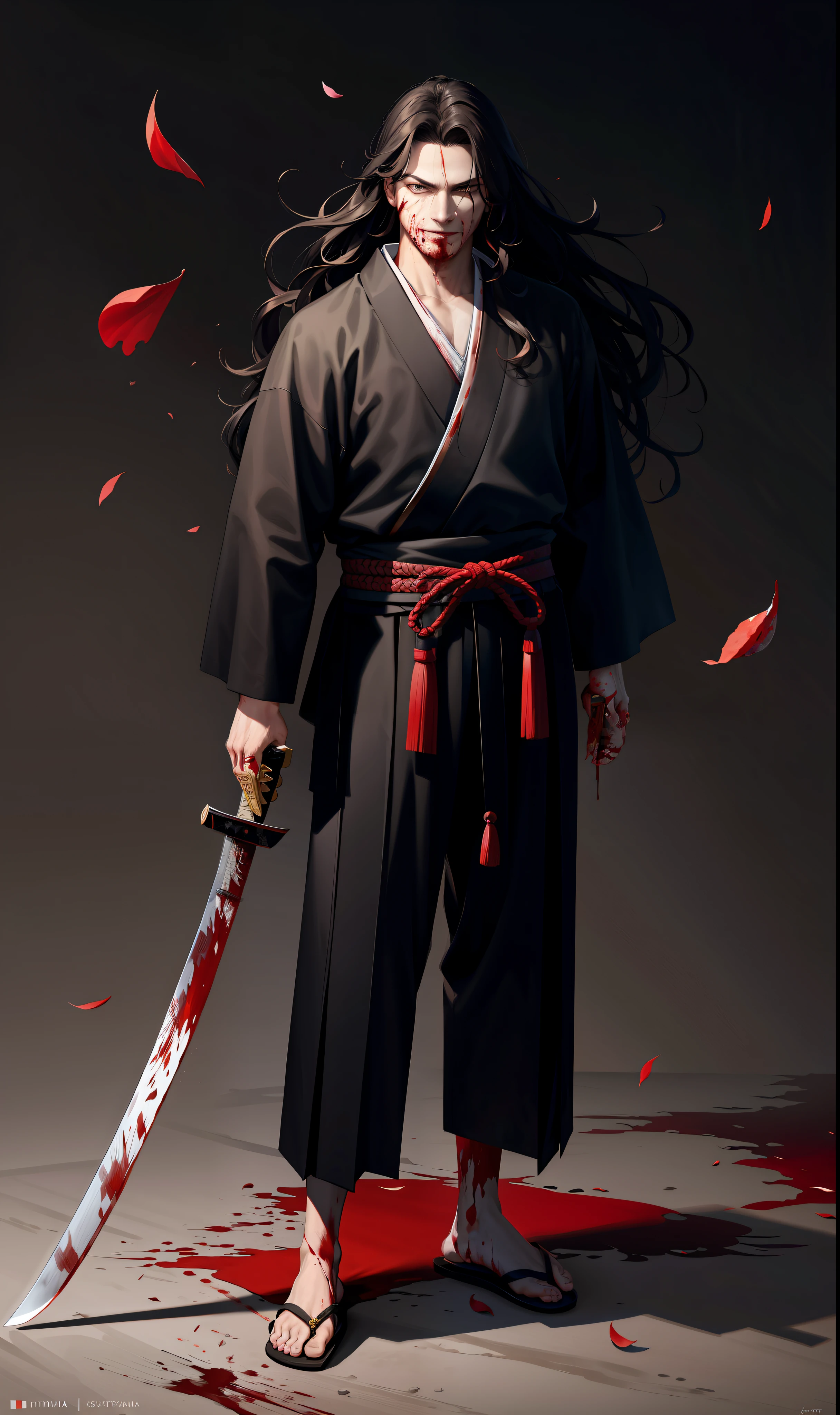 masterpiece, high quality, best quality, beautiful, hd, realistic, perfect lighting, detailed face, detailed body, (1 man), black long hair, wavy hair, (red samurai clothes), samurai, standing, wind, (sakura),sakura petals, (brutal), courageous, full body, ((blood)), highly detailed katana in hand, smirk, looking at the camera, dark background