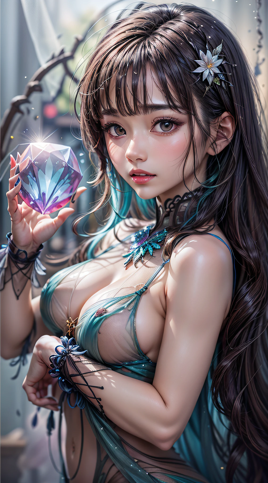 Beautiful girl story wrapped in love, Beautiful eye details, A captivating anime girl gracefully emerges from the pages of a watercolor painting, Her vivid and complex colors are, Bring your artwork to life, (see-through transparent clothes, Transparent costume:1.5), She dons an extraordinary fantasy costume adorned with delicate details, reflecting the enchanting world she inhabits, Luminescent elements, like glowing crystals and ethereal wisps, surround her, casting a soft, otherworldly glow, The style of watercolor painting is、Imbues the image with a sense of fluidity and delicacy, as if the colors are effortlessly blending and bleeding into one another, Camera shot: medium shot, Soft Focus, Luminescent glow illumination, watercolor brushstrokes, Sophisticated and very delicate anime illustration, unique colors, Portrait of an anime girl, infinite love, Irridescent color, beautiful girl illuminated by seven colors of light,