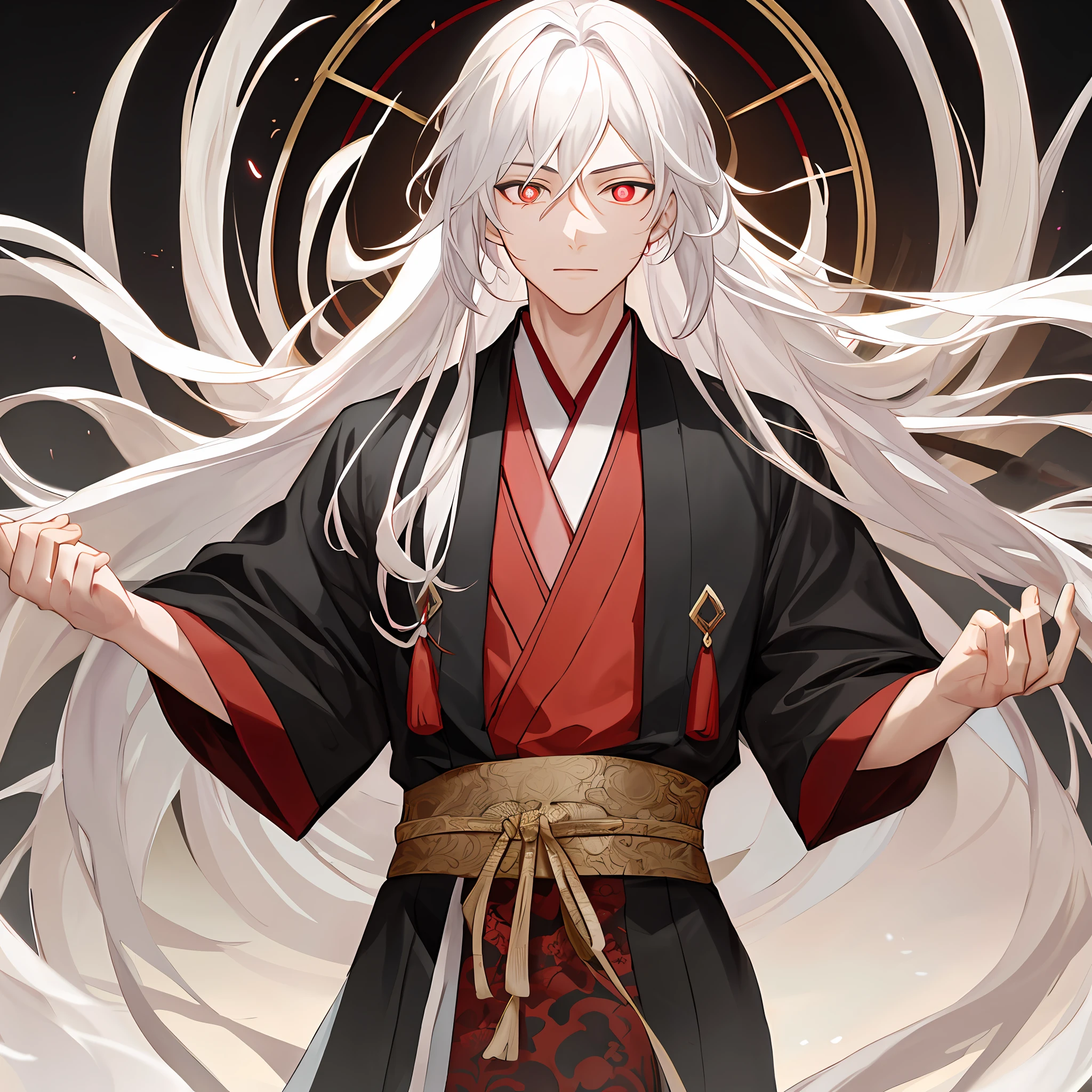 Mature boy ,white color hair,Floating hair,Elaborate Eyes,red pupils,Black and red antique damask Hanfu,fov,f1.8,tmasterpiece,Complexscenes,Gorgeous portrait shots