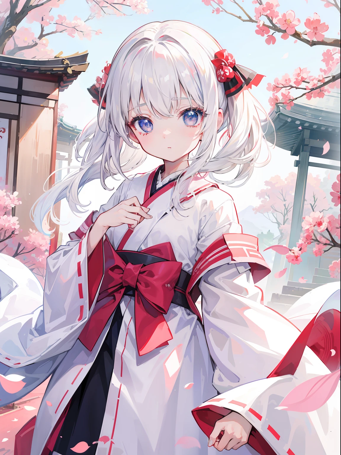 One girl、（（Eyes that are still））、​masterpiece、top-quality、shrine maiden、elementary student、white  hair、shrine background、beatiful backgrounds、beautiful hairl、beautidful eyes、cute little、a very cute、Top image quality