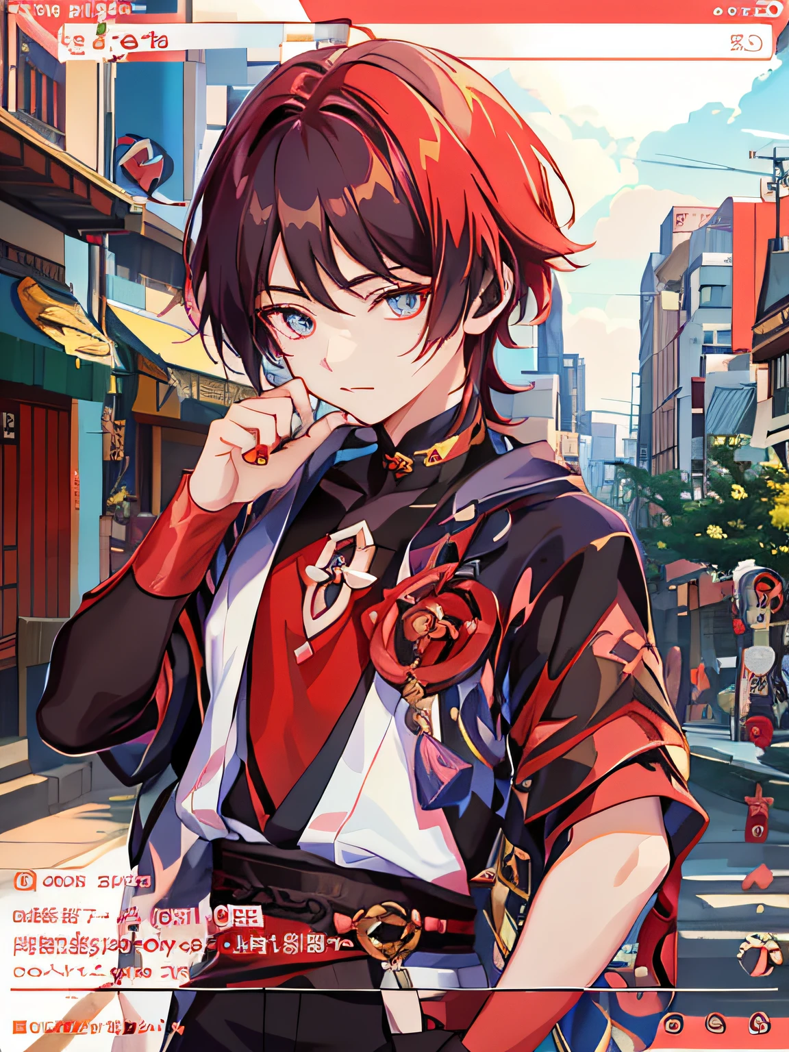 Close-up of a person standing on the street,The background is a city, Keqing from Genshin Impact, zhongli from genshin impact, Genshin impact's character, Ayaka Genshin impact, Genshin, ayaka game genshin impact, Kawasi, Genshin Impact style, anime moe art style, young anime man, Anime boy