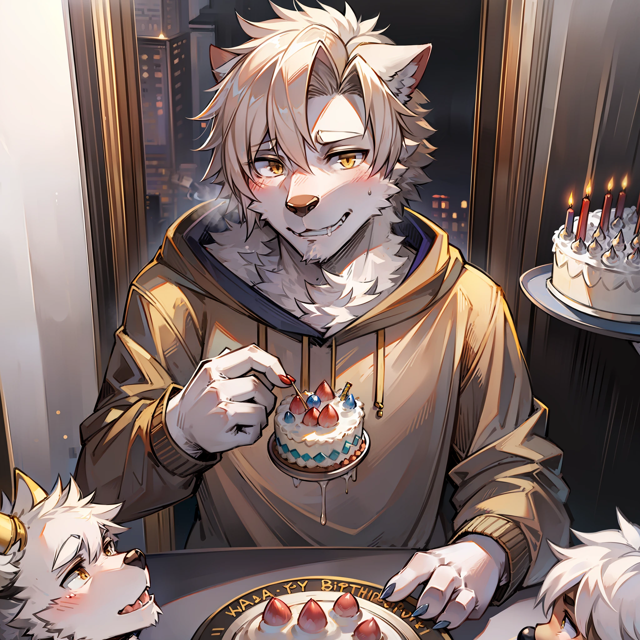 独奏，White Wolf Orcs，Handsome model，Wear a beige hoodie，sitted，birthday party，eating a cake，Face with cream，laughingly，Bright light