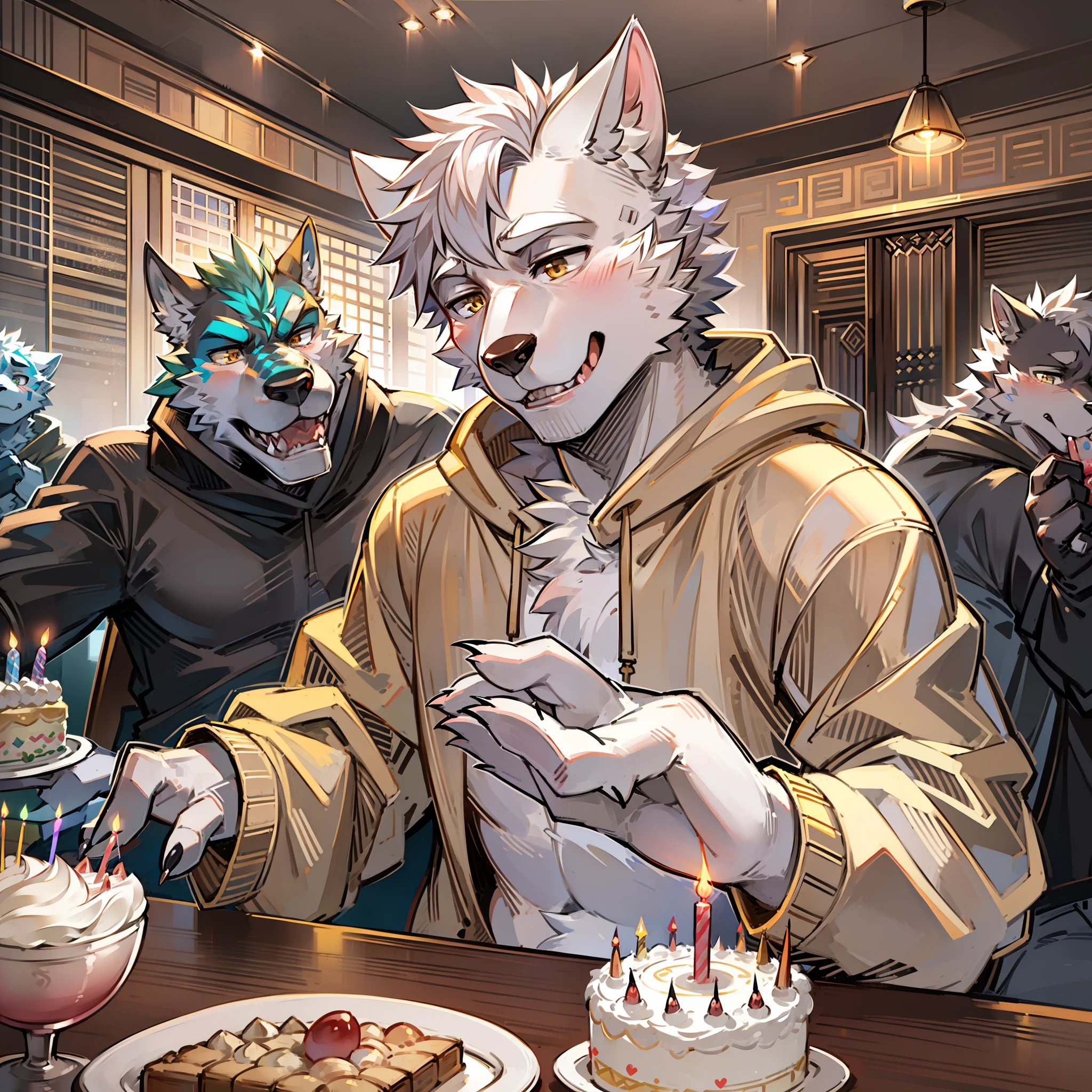 独奏,White Wolf Orcs,Handsome model,Wear a beige hoodie,sitted,birthday party,eating a cake,Face with cream,laughingly,Bright light