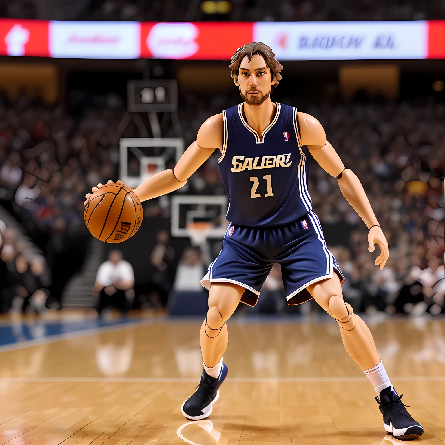 Pau Gasol action figure with accessories like a basket ball, hyper-realistic photography, taken with a professional camera, depth of field, 8k