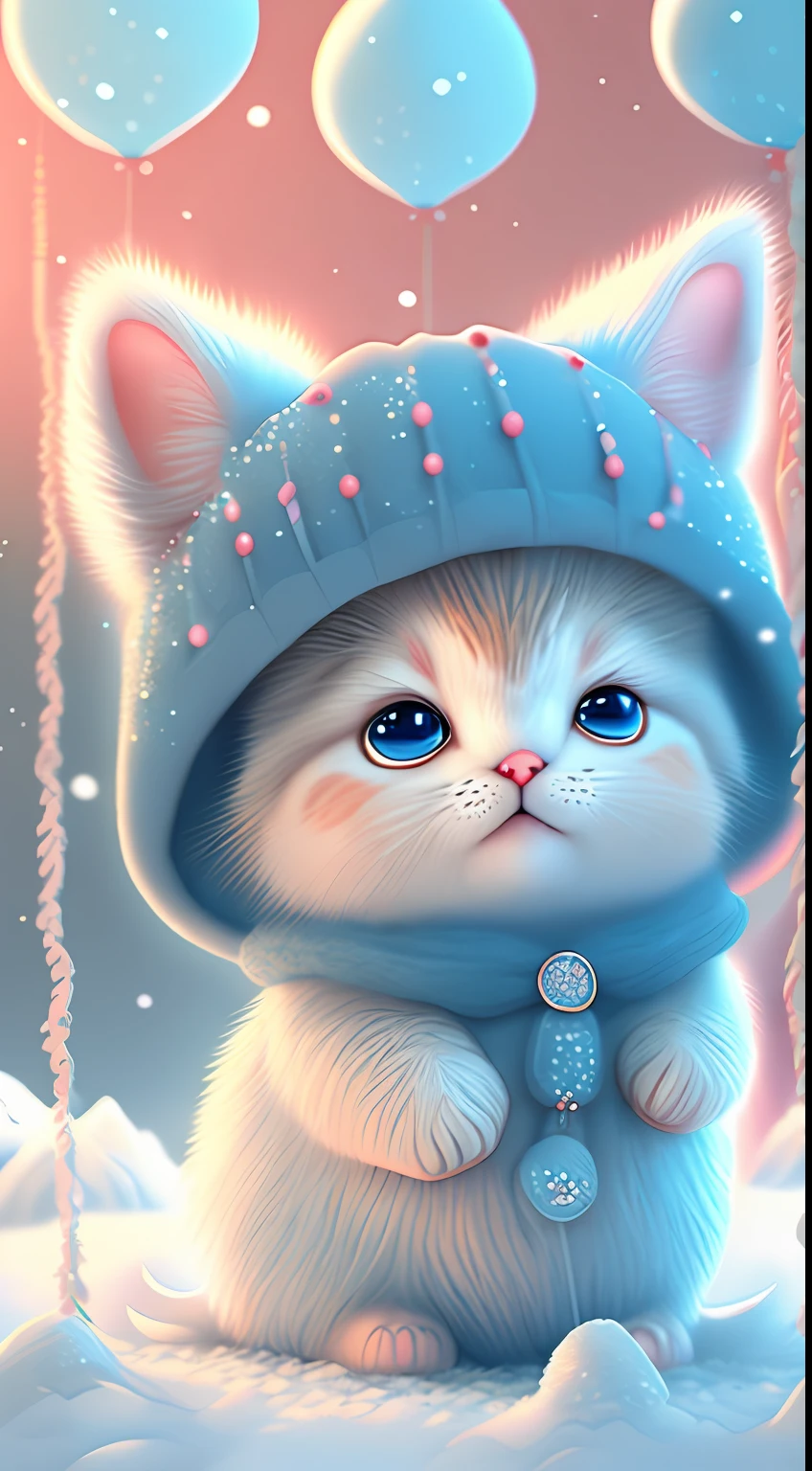 In this ultra-detailed CG art，Cute kittens surrounded by ethereal balloons，laughingly，blingbling，red colour，Best quality at best，A high resolution，Complicated details，fanciful，cute animal，Funny，Open-mouthed！！！，laughingly！！