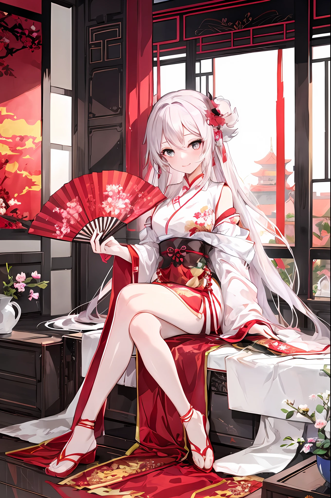 Anime girl in red and white dress sitting on red carpet, cute anime waifu in a nice dress, style of anime4 K, Palace , A girl in Hanfu, White-haired god, Anime art wallpaper 8 K, Anime art wallpaper 4k, Anime art wallpaper 4 K, Best anime 4k konachan wallpaper, Guweiz in Pixiv ArtStation
