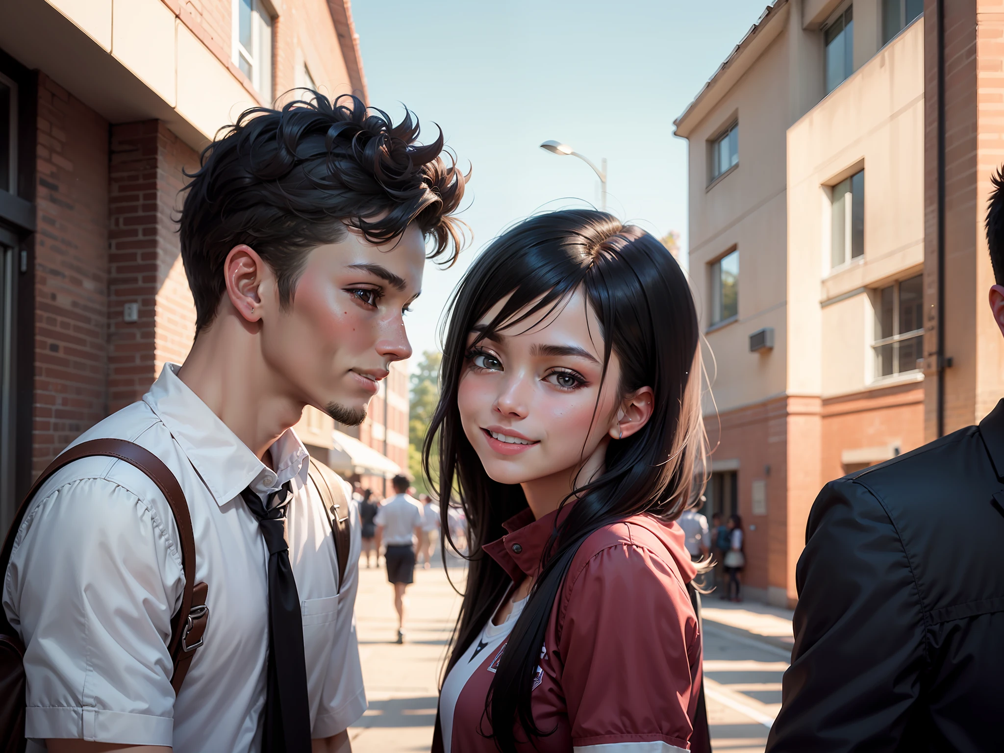 （high definition resolution：1.2），gloss on the skin，（best qualtiy：1.1），（tmasterpiece），（best qualtiy），ssmile，school ground，Group photo of campus，A man and a woman