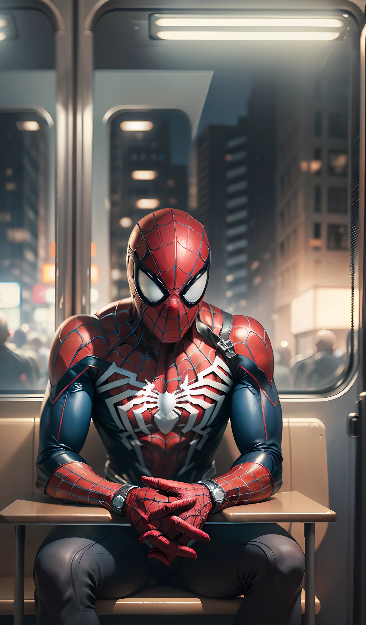 "((best quality)), ((masterpiece)), ((realistic)), Realistic, ultra-detailed portrait of Spider-Man sitting alone on a train during the night, in a cinematic environment, with atmospheric, low-key lighting, created in a high-definition, detailed digital painting on eye level, scenic, masterpiece