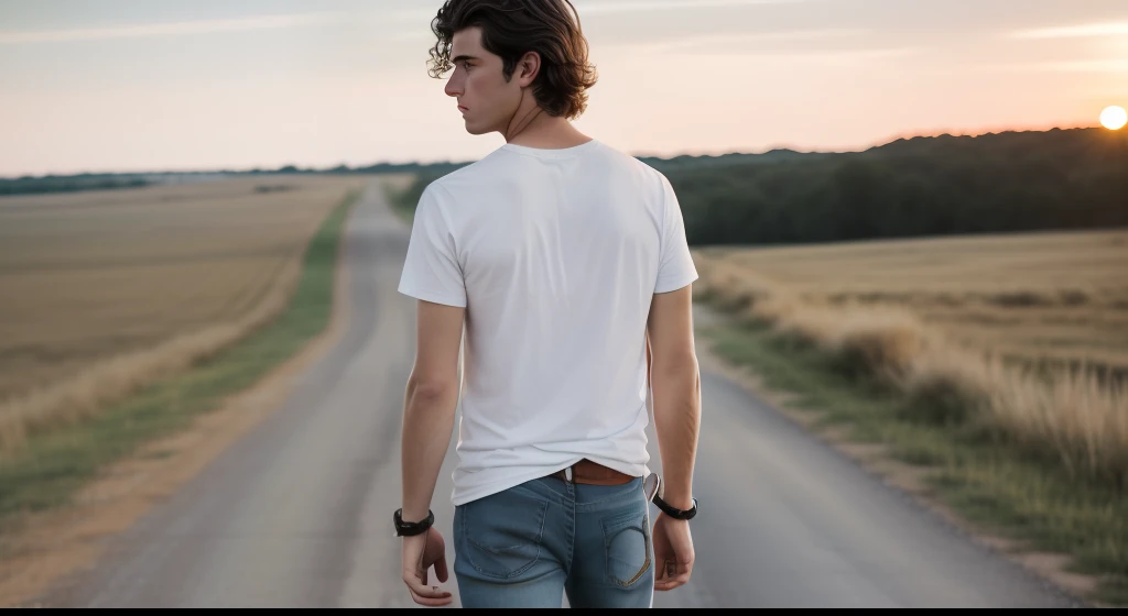 movie scene, cinematic, boy, , dark brown hair, medium hair, wavy hair, pointy nose, skinny, white t-shirt, open denim shirt, jeans, {{carrying old acoustic guitar}}, standing at crossroad, looking into distance, Nebraska prairie, golden hour