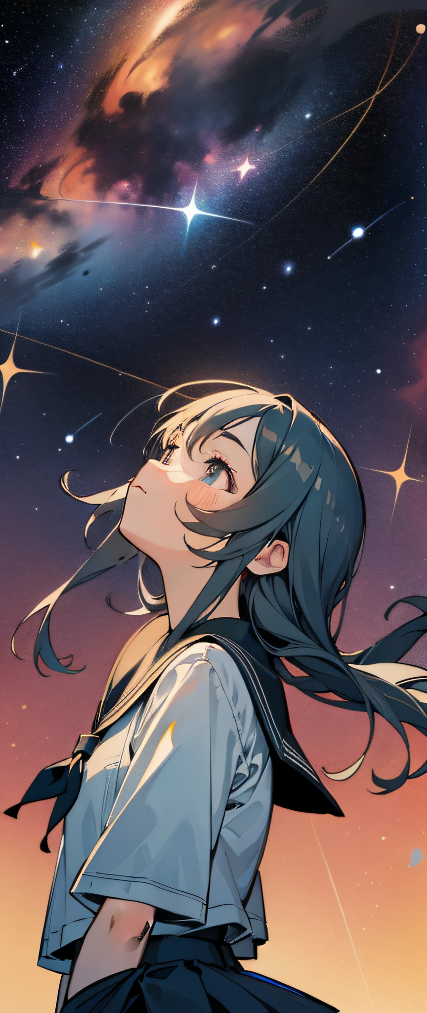 Simple touch, Non-glossy flat illustration, fine lines,Looking up from below,Simple uniform, Cute schoolgirl looking up at the stars, ((Detailed starry sky)),milkyway