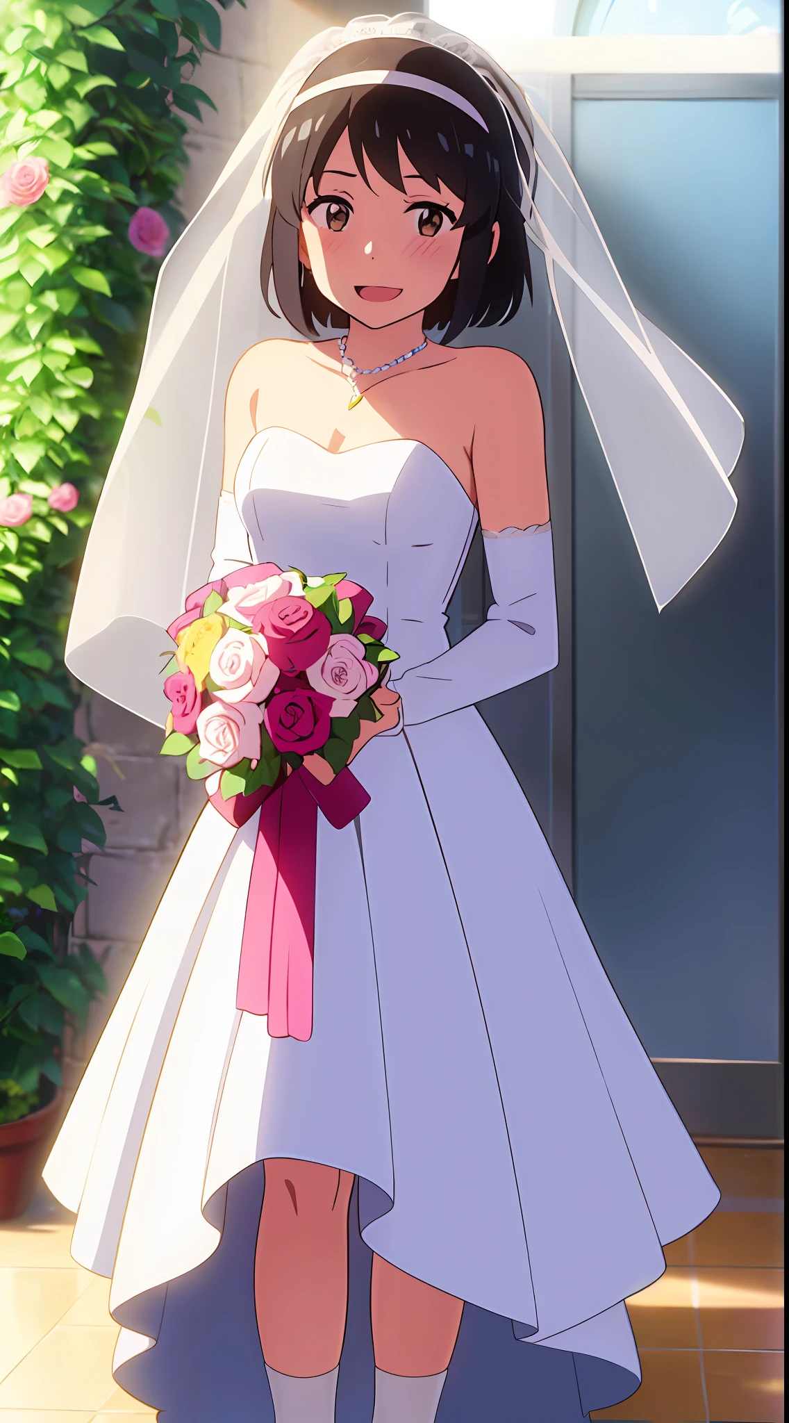 shinkai makoto, kimi no na wa., 1girl, bangs, black hair, blush, brown eyes, shiny skin, headband, flower, wedding dress, bouquet, holding a bouquet, dress, bride, pink rose, jewelry, necklace, veil, bridal veil, looking at the viewer, short hair, cute, smile, open mouth, happy, solo, bare shoulders, mid-socks, white socks, full body, long sleeves, cowboy shot, masterpiece