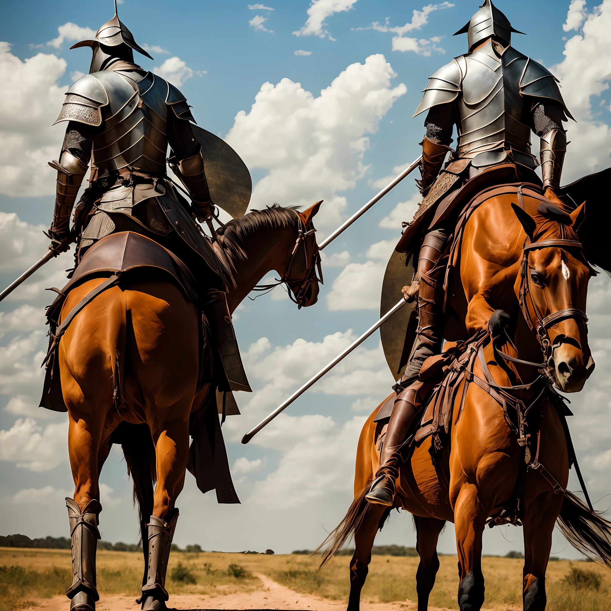 A knight riding a skinny horse，Back view，Wearing shabby armor，Riding rifle in hand，don quixote --auto