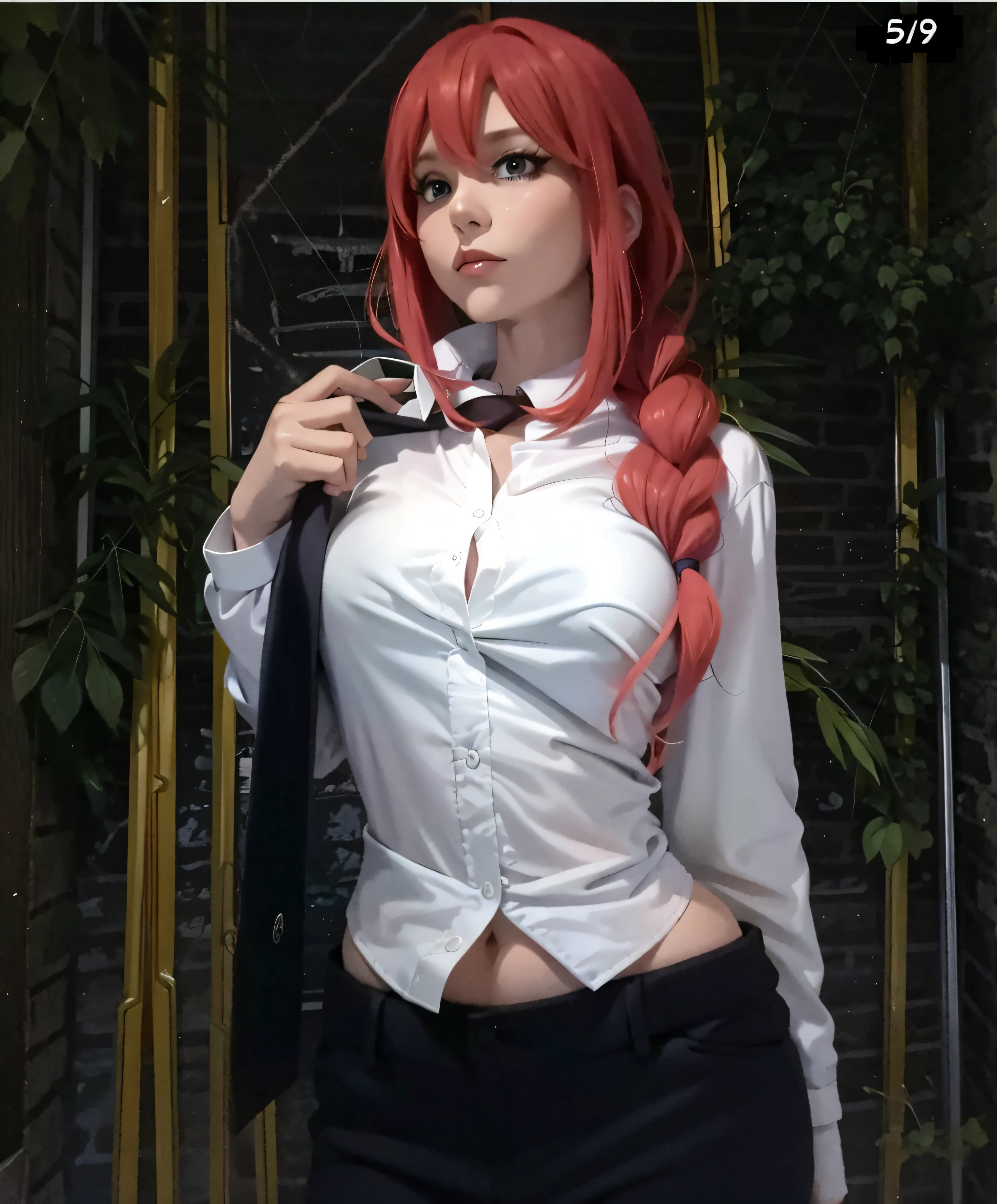 there is a woman with red hair and a tie posing for a picture, cosplayer, anime girl cosplay, cosplay, erza scarlet as a real person, anime cosplay, ayaka cosplay, professional cosplay, cosplay photo, anya from spy x family, akane owari danganronpa, full-cosplay, rias gremory, asuka suit under clothes!, Very big , tight shirt, small shirt, wet shert, sexy gntic breast, b breast, very bis, gigantic boobsisible shirt, shhirt